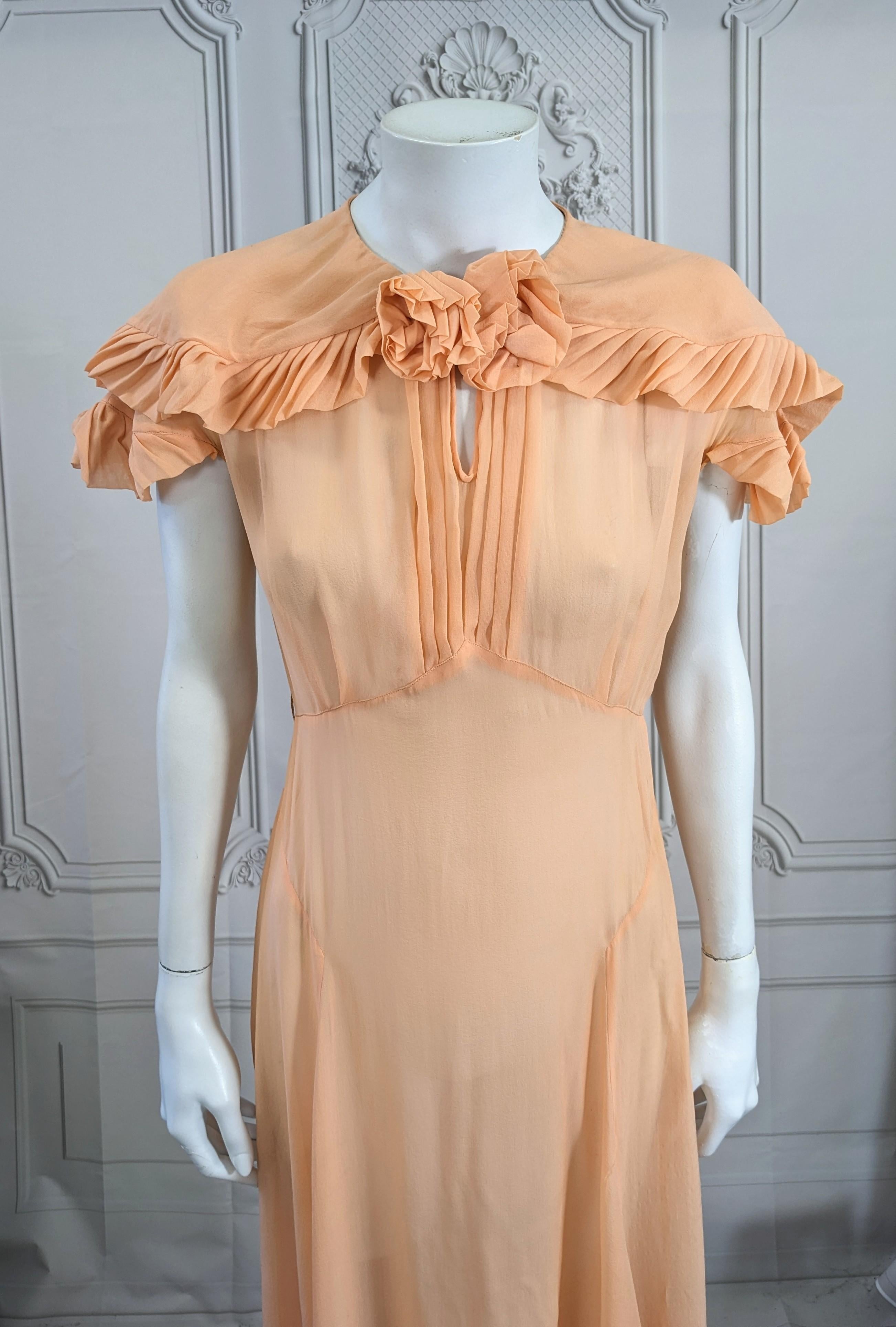 Beige Peach Silk Chiffon Art Deco Pleated Edge Trimmed Gown For Sale