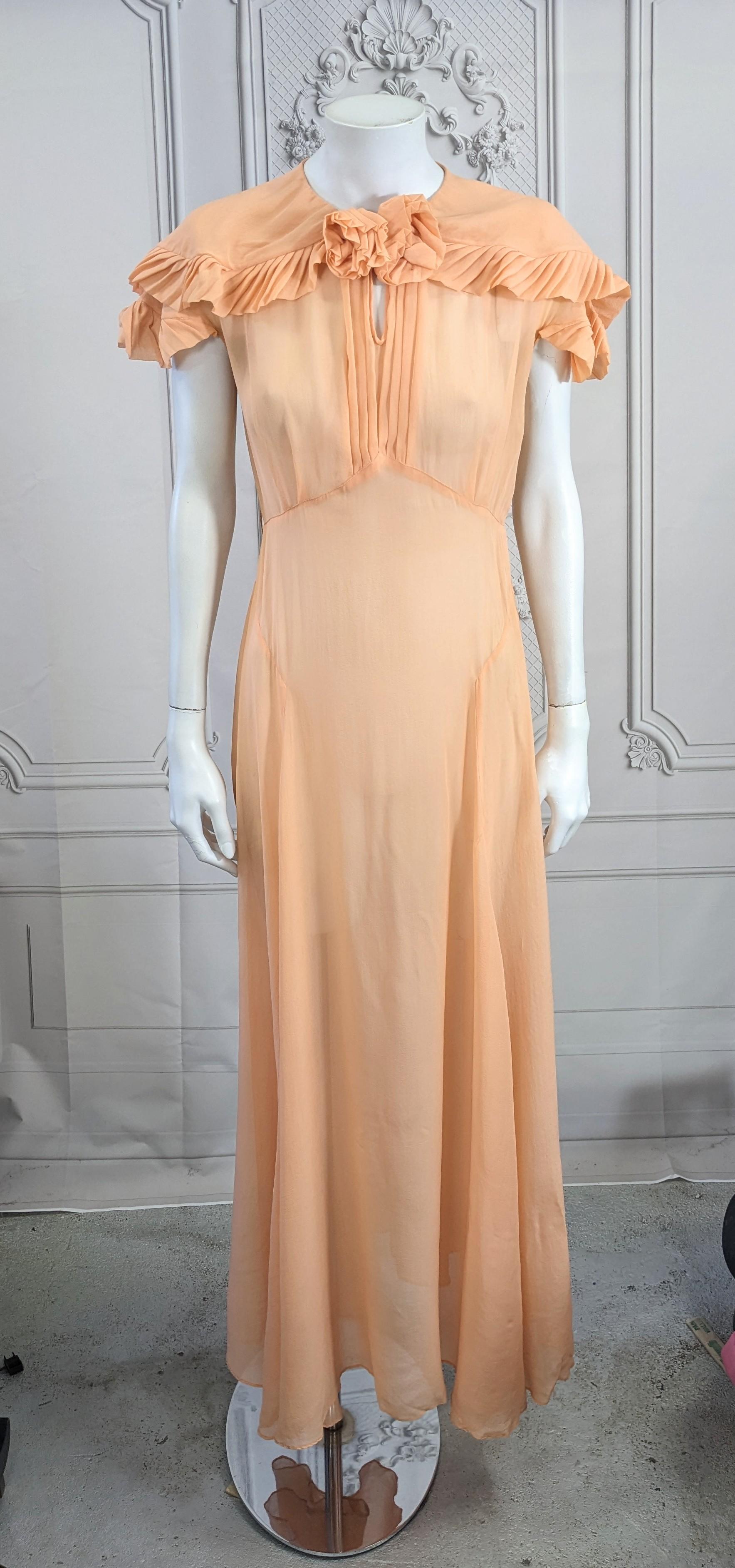 Peach Silk Chiffon Art Deco Pleated Edge Trimmed Gown For Sale 1