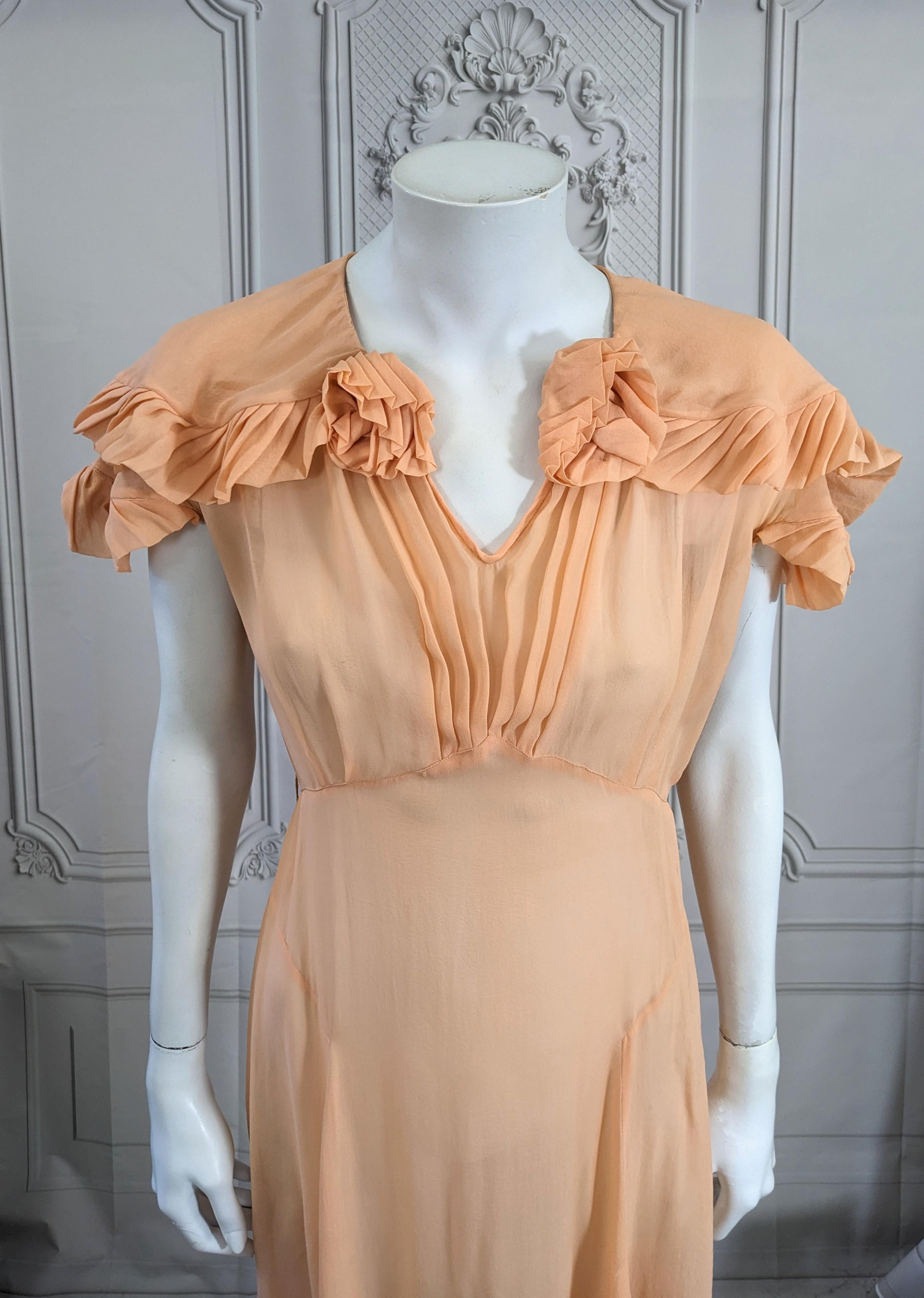 Peach Silk Chiffon Art Deco Pleated Edge Trimmed Gown For Sale 2