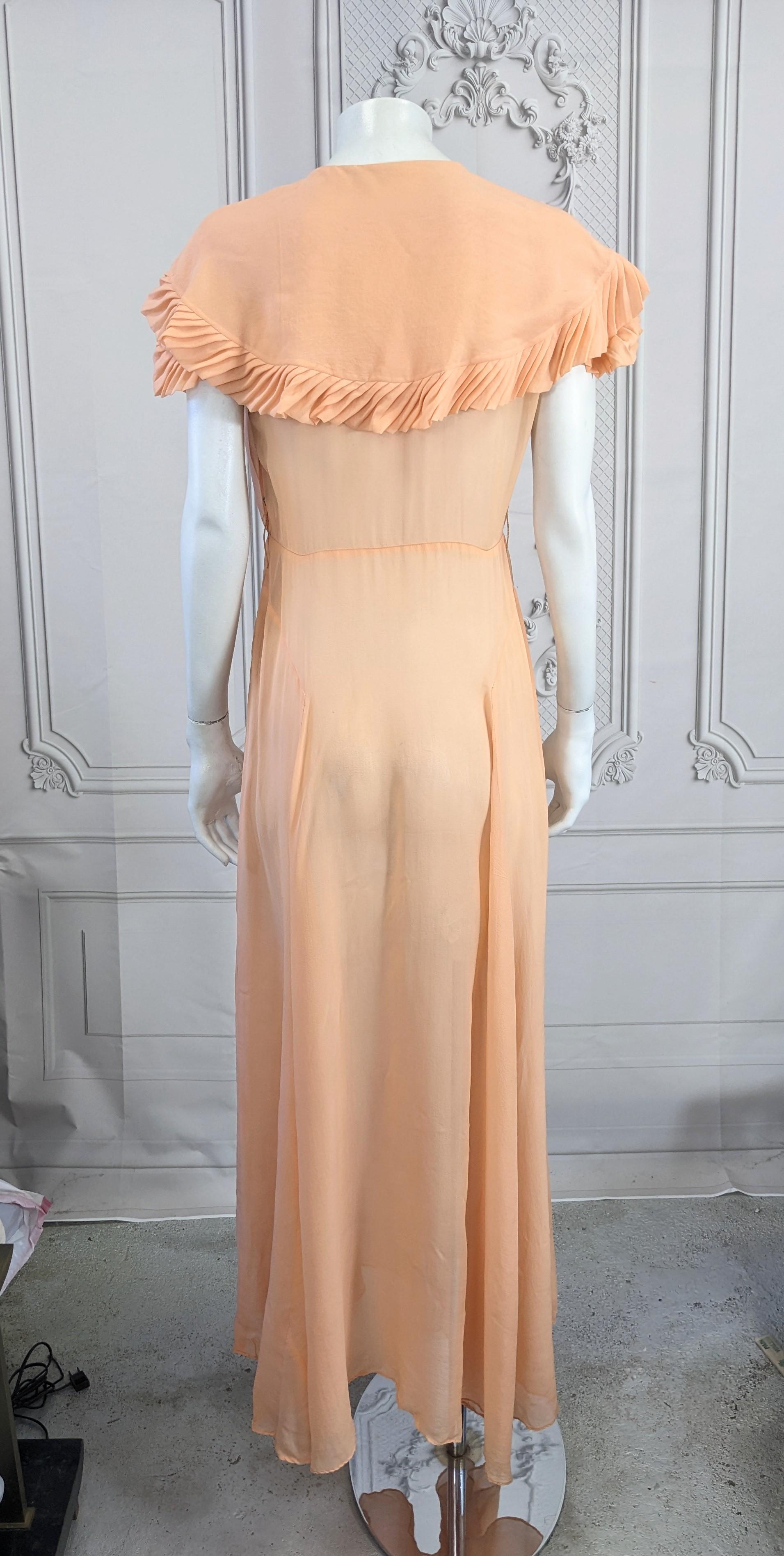 Peach Silk Chiffon Art Deco Pleated Edge Trimmed Gown For Sale 3