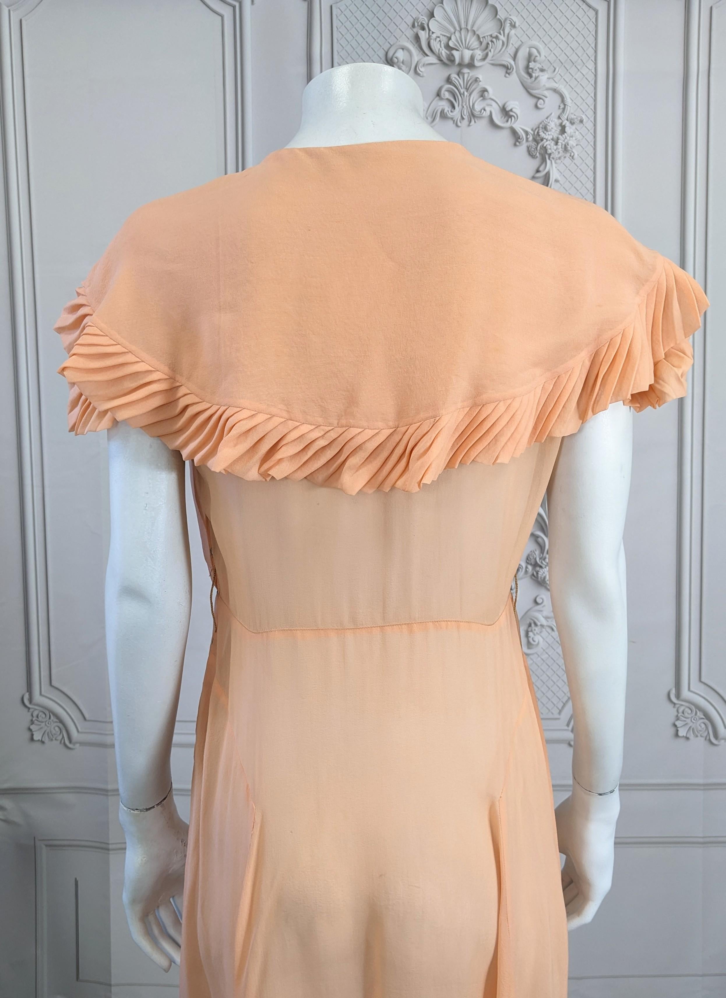 Peach Silk Chiffon Art Deco Pleated Edge Trimmed Gown For Sale 4