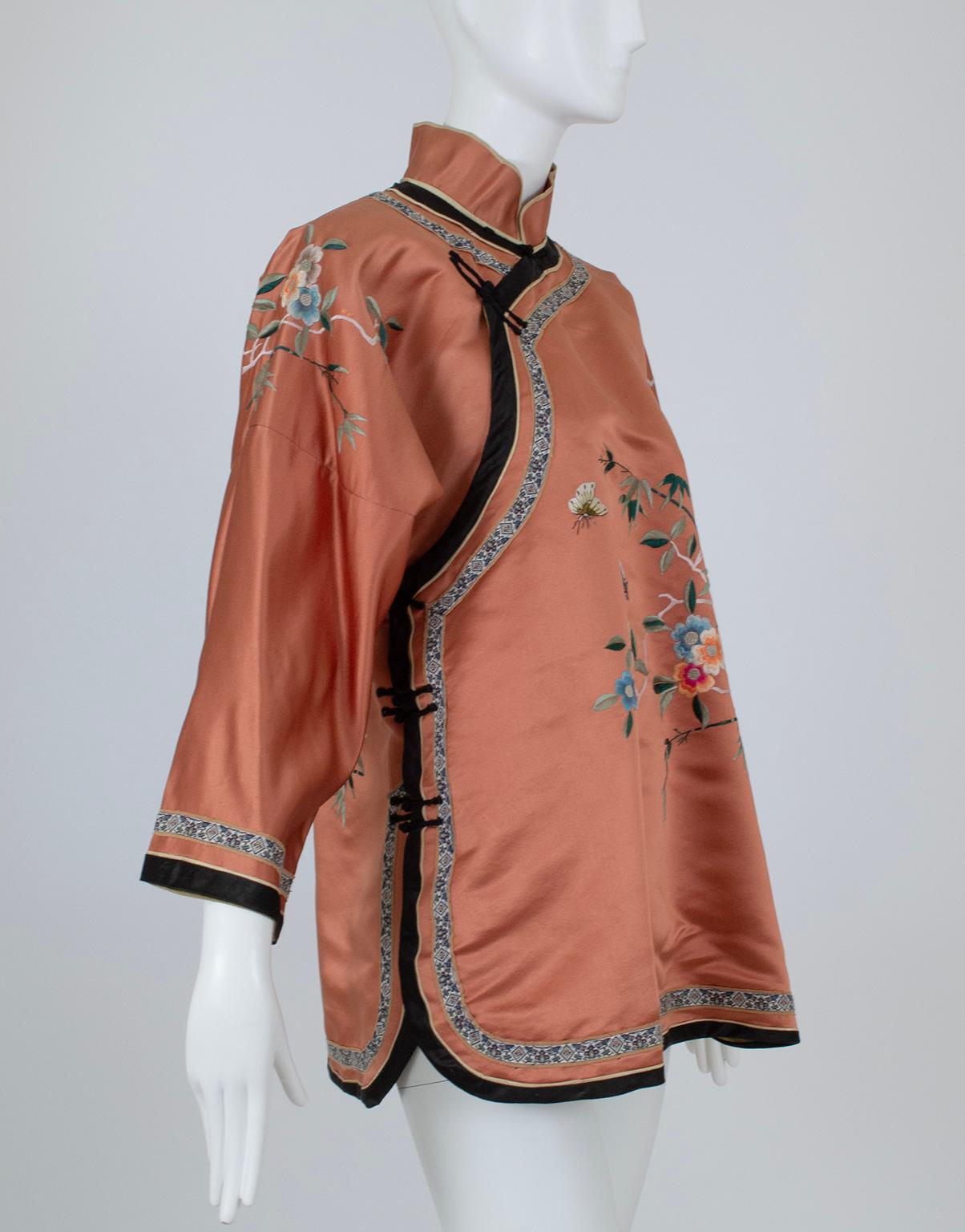 A noteworthy example of Chinese Jingxiu embroidery, this traditional Tang jacket features luxurious fabrics, expert handwork and unusual European colorways. One of its most unique features—its green-ochre lining—is nearly invisible to all but the