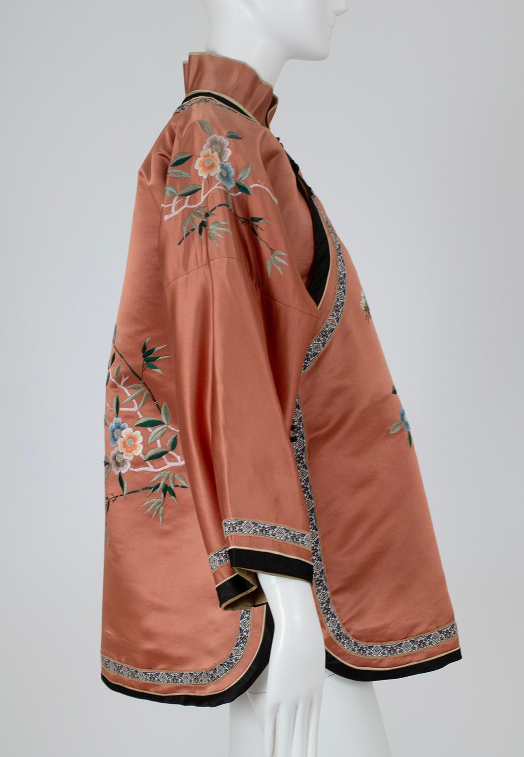 Brown Peach Silk Blossom Butterfly Embroidered Cheongsam Tang Hanfu Jacket – M, 1950s For Sale
