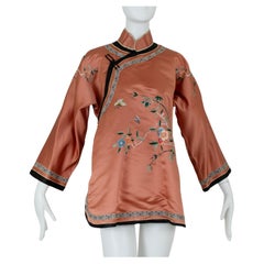 Peach Silk Blossom Butterfly Embroidered Cheongsam Tang Hanfu Jacket – M, 1950s