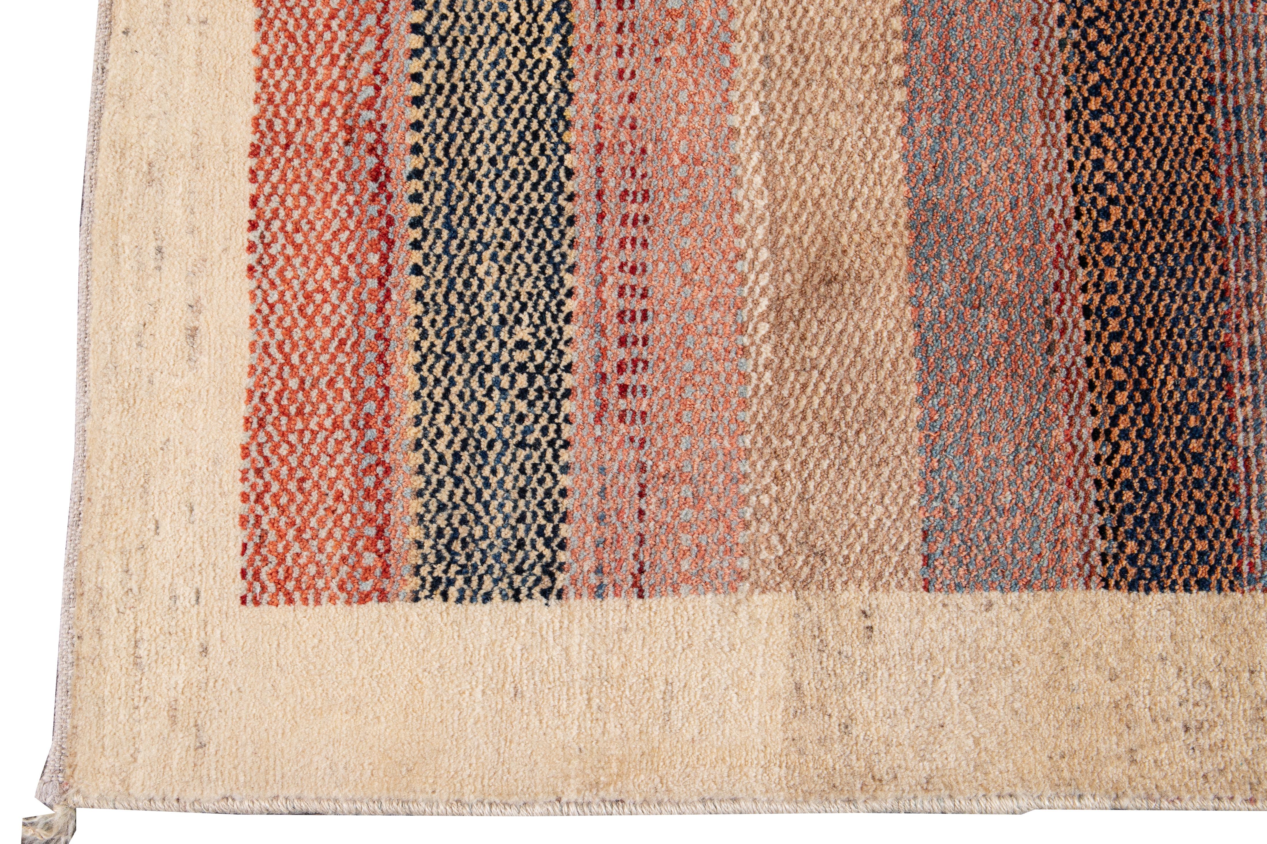 Hand-Knotted Peach Striped Modern Gabbeh Handmade Wool Rug For Sale