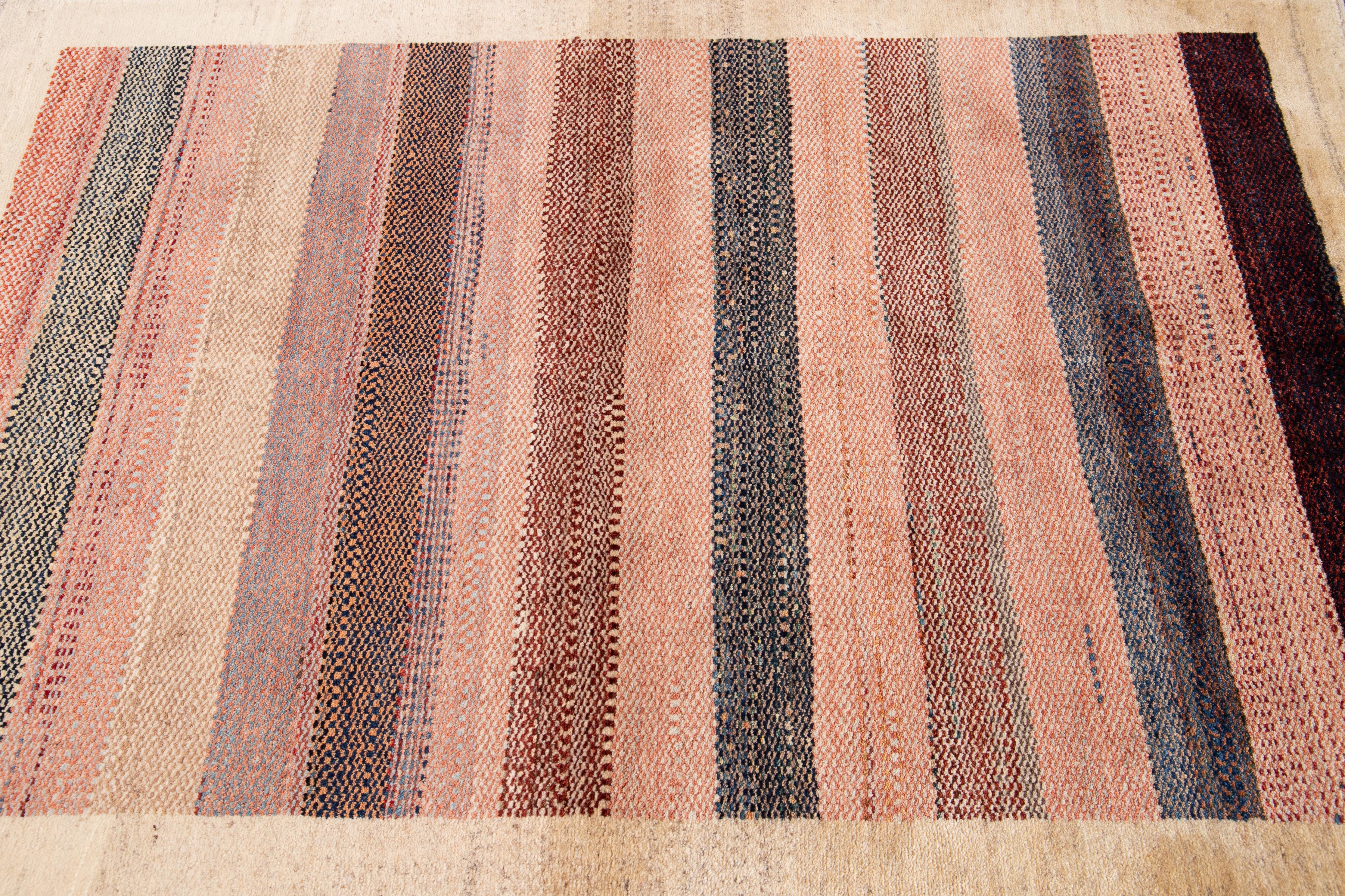 Contemporary Peach Striped Modern Gabbeh Handmade Wool Rug For Sale