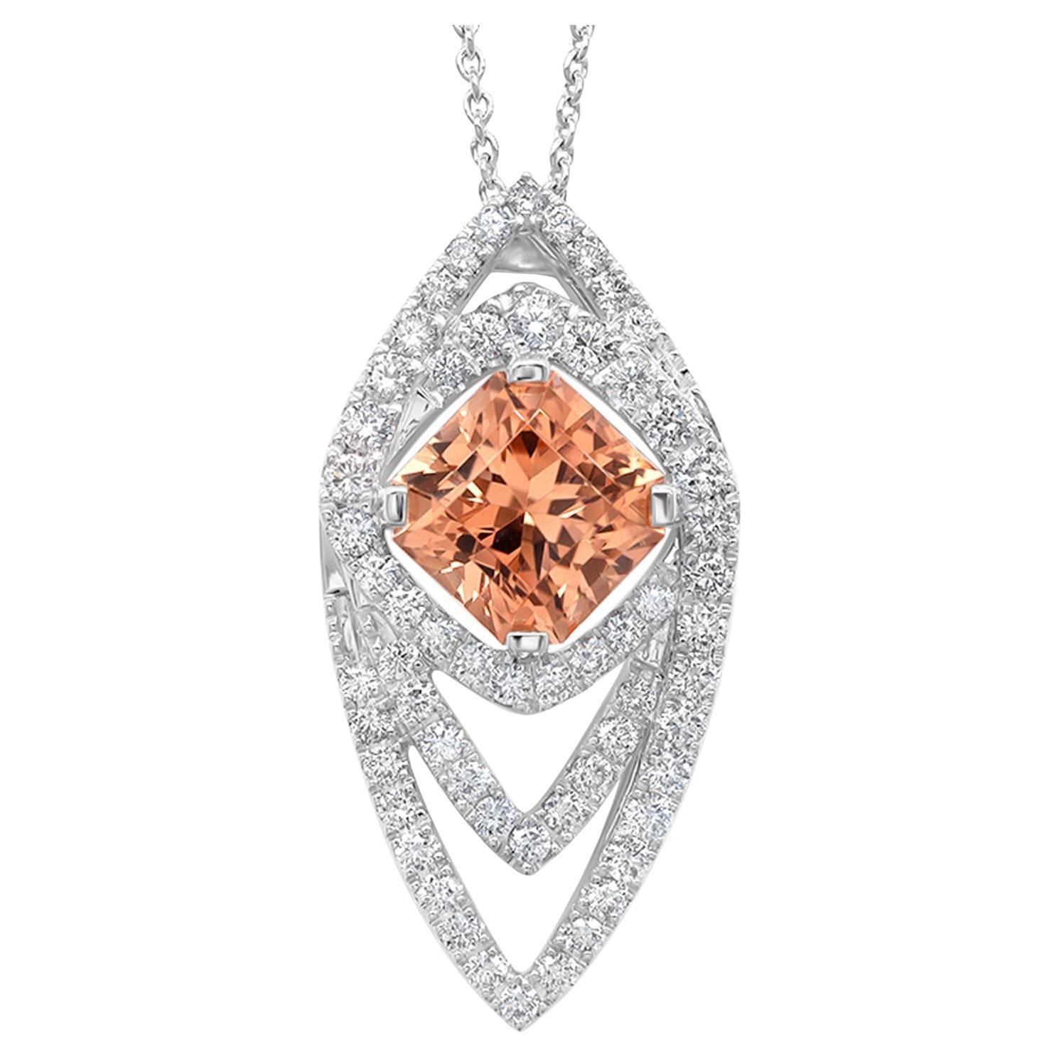 Peach Tourmaline Pendant Necklace Diamonds 3 Carats 18K White Gold
