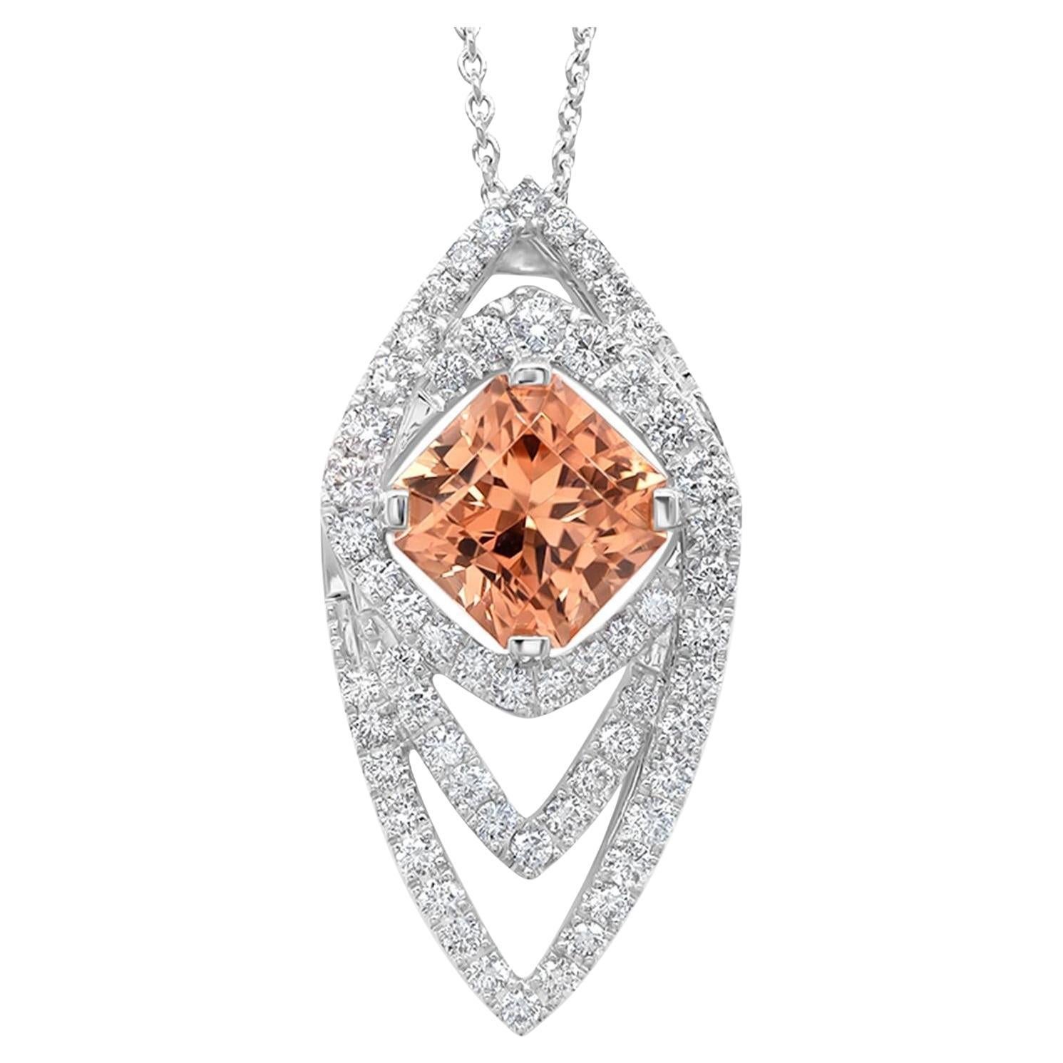 Peach Tourmaline Pendant Necklace Diamonds 3 Carats 18K White Gold