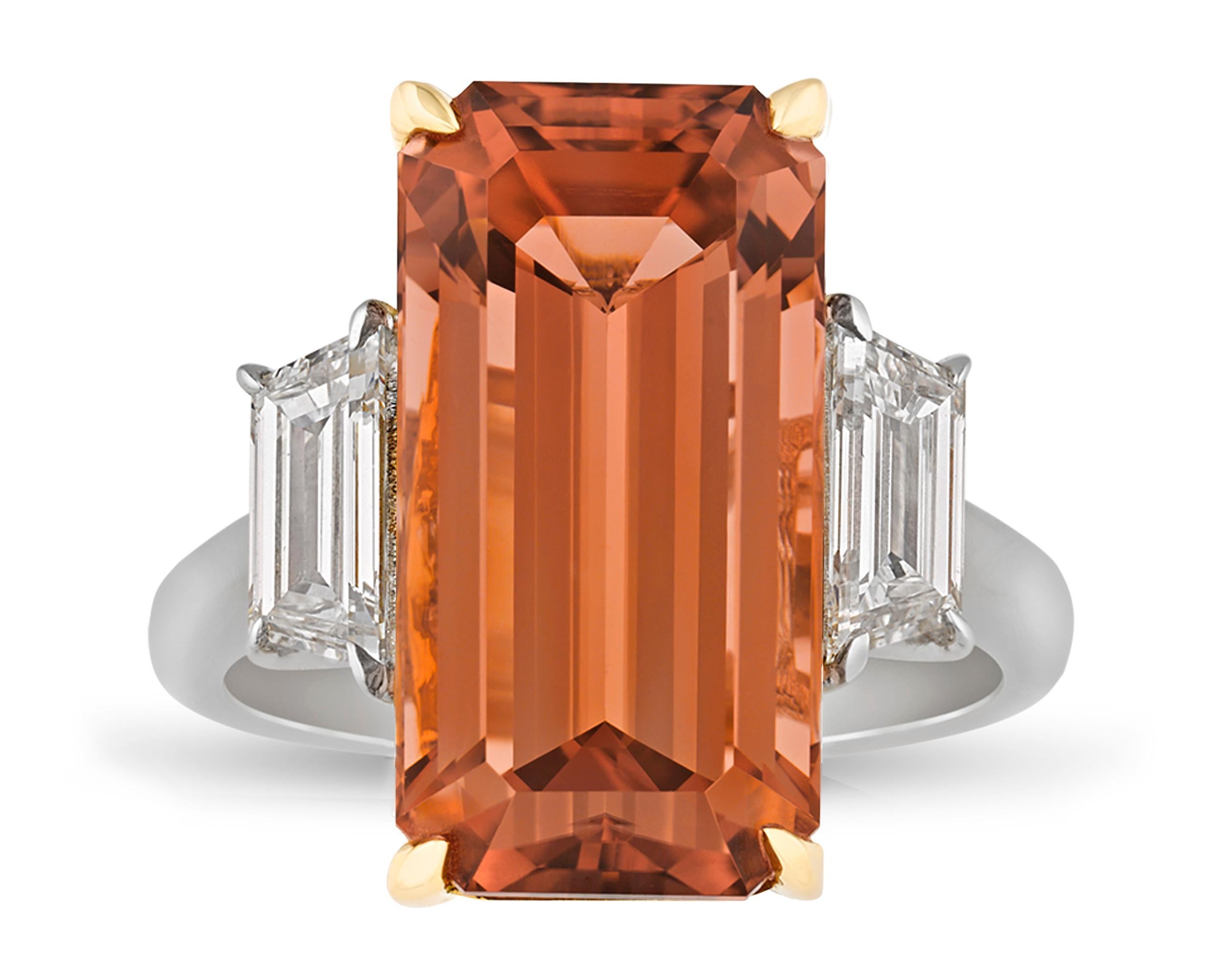 Octagon Cut Peach Tourmaline Ring, 10.79 Carats For Sale