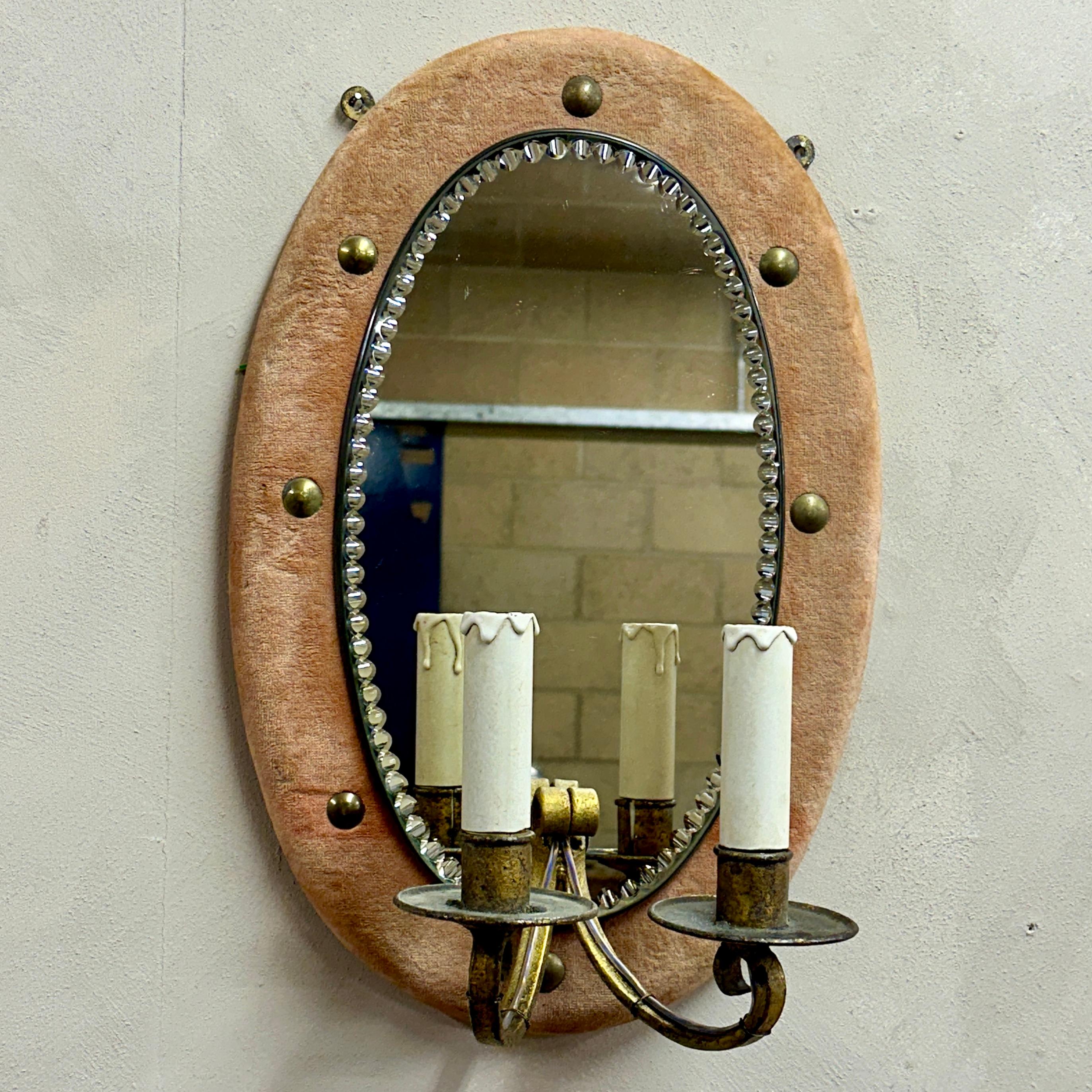 Metal Peach Velvet Wall Mirror with Sconces For Sale
