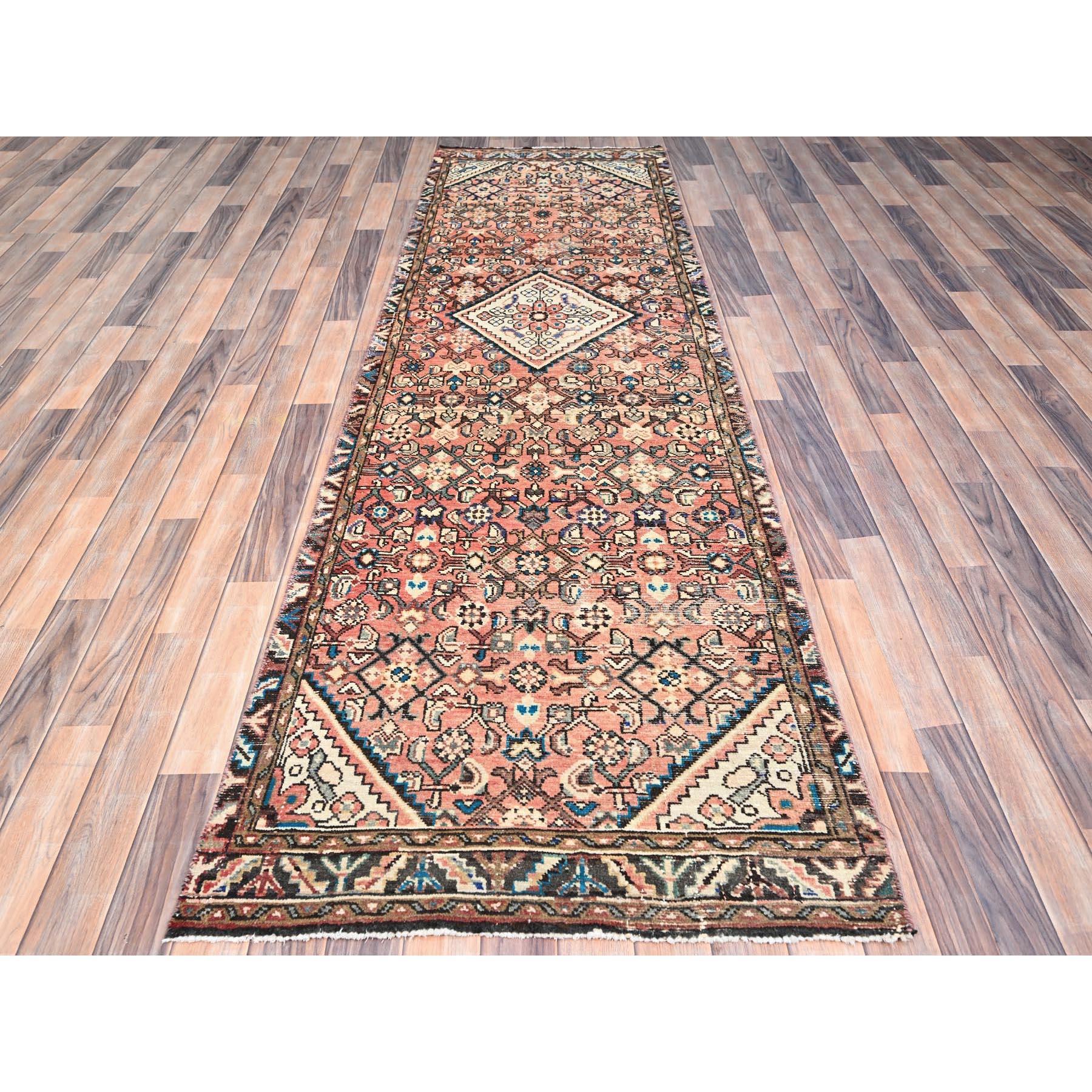 Medieval Peach Vintage Persian Hussainabad Pure Wool Clean Runner Hand Knotted Rug For Sale
