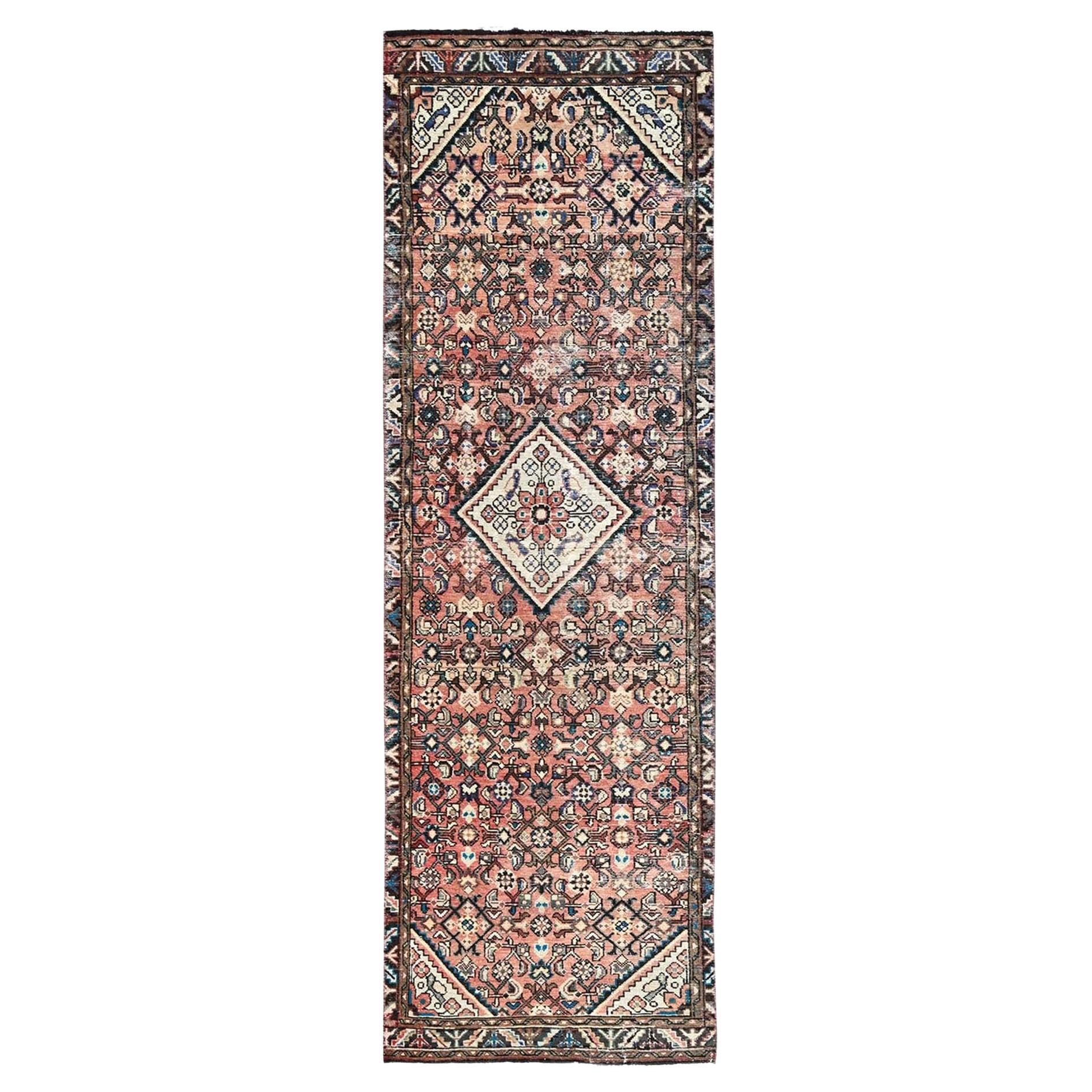 Peach Vintage Persian Hussainabad Pure Wool Clean Runner Hand Knotted Rug For Sale