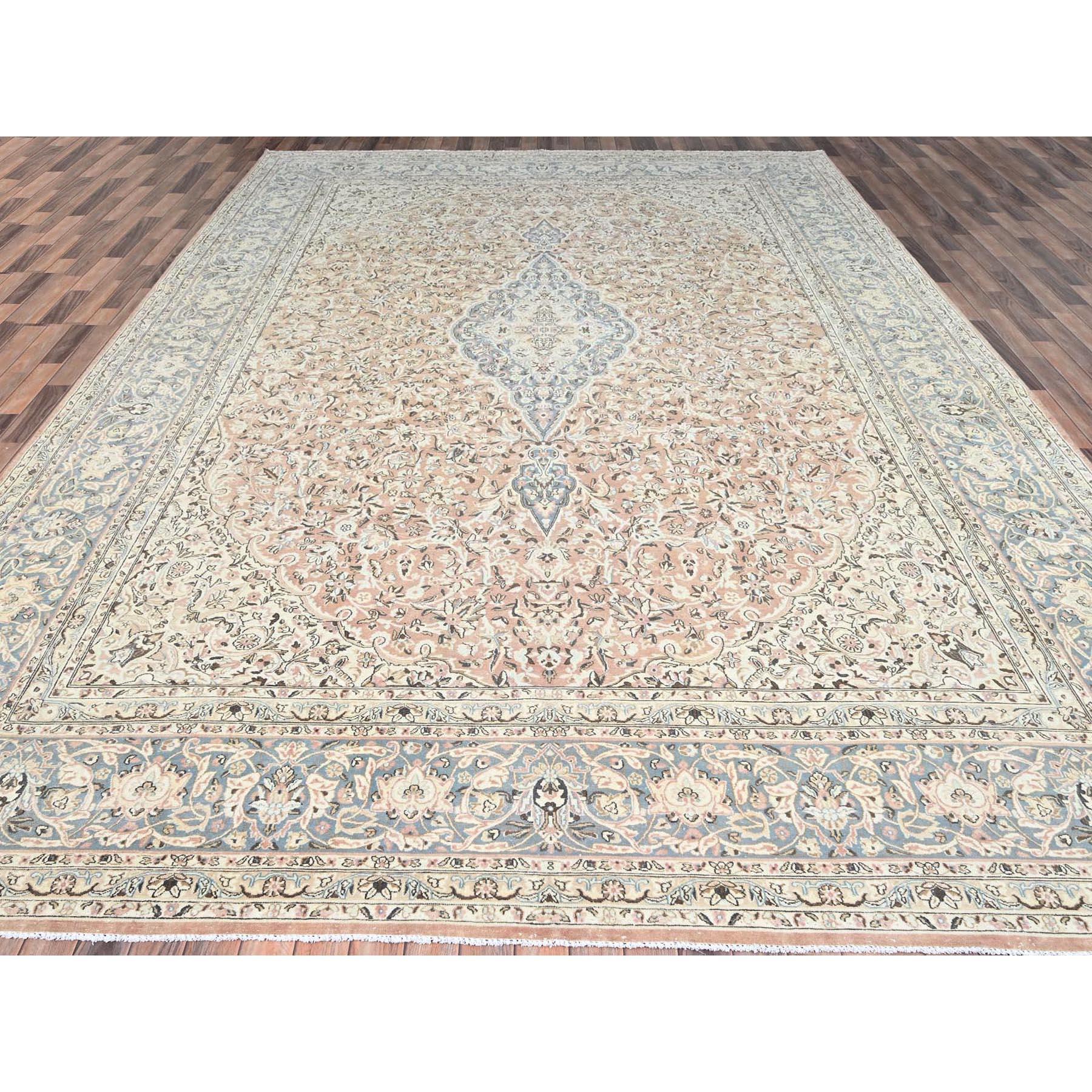 Medieval Peach Vintage Persian Kashan No Wear Hand Knotted Soft Wool Clean Oversized Rug For Sale