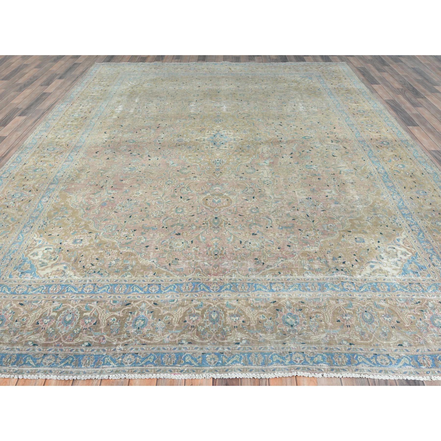 Hand-Knotted Peach Vintage Persian Tabriz Hand Knotted Distressed Look Worn Wool Rug