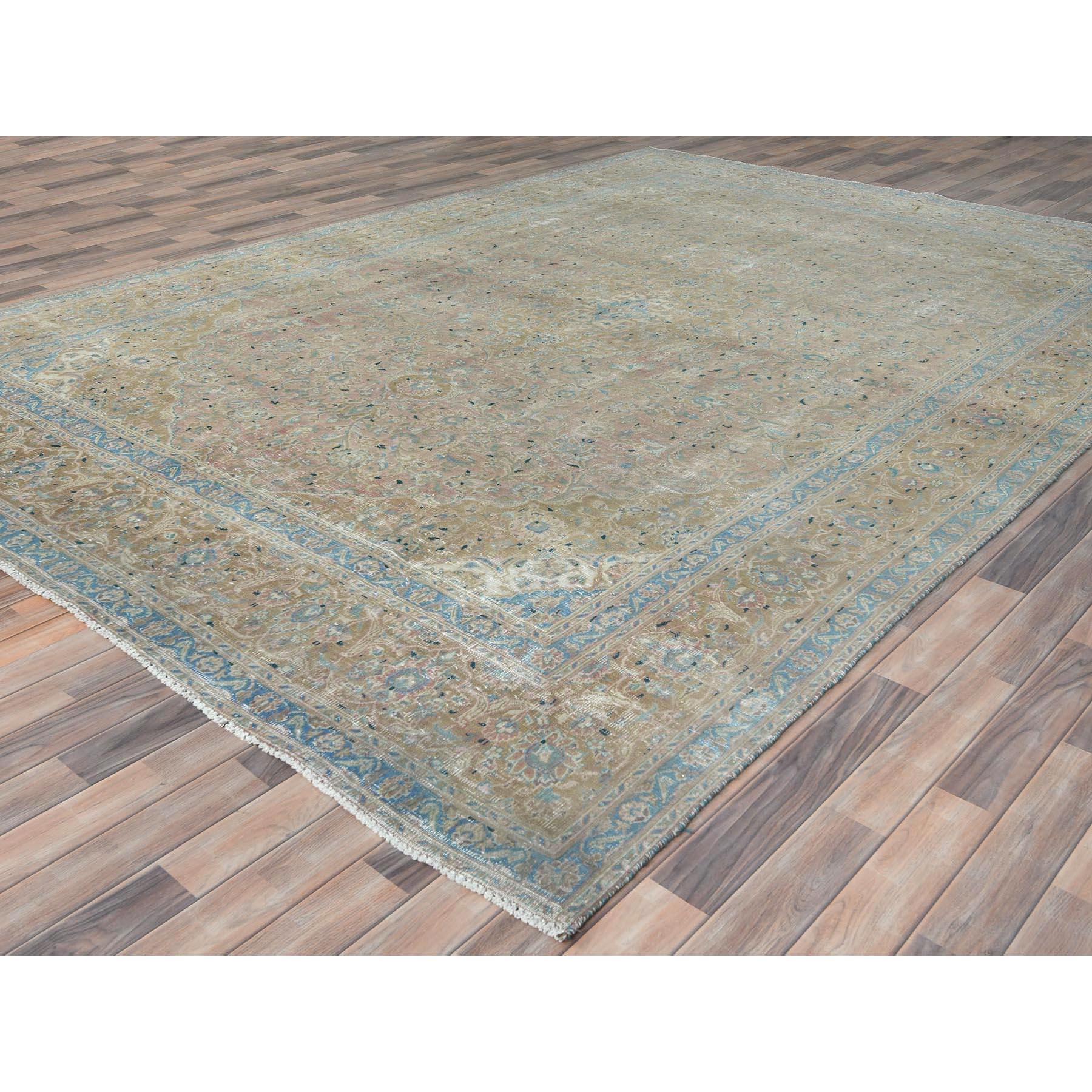 Peach Vintage Persian Tabriz Hand Knotted Distressed Look Worn Wool Rug In Good Condition For Sale In Carlstadt, NJ