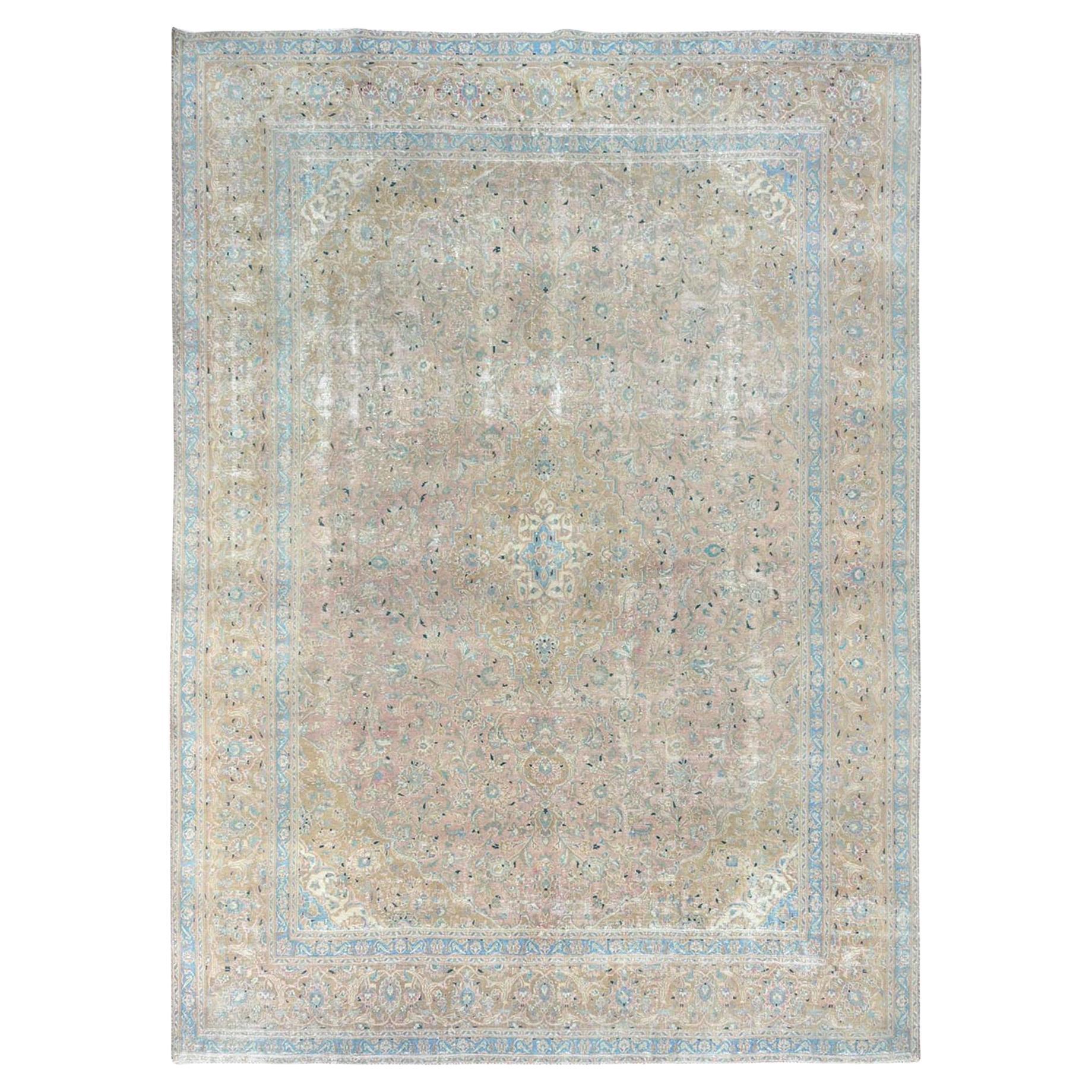 Peach Vintage Persian Tabriz Hand Knotted Distressed Look Worn Wool Rug For Sale