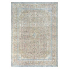 Peach Retro Persian Tabriz Hand Knotted Distressed Look Worn Wool Rug