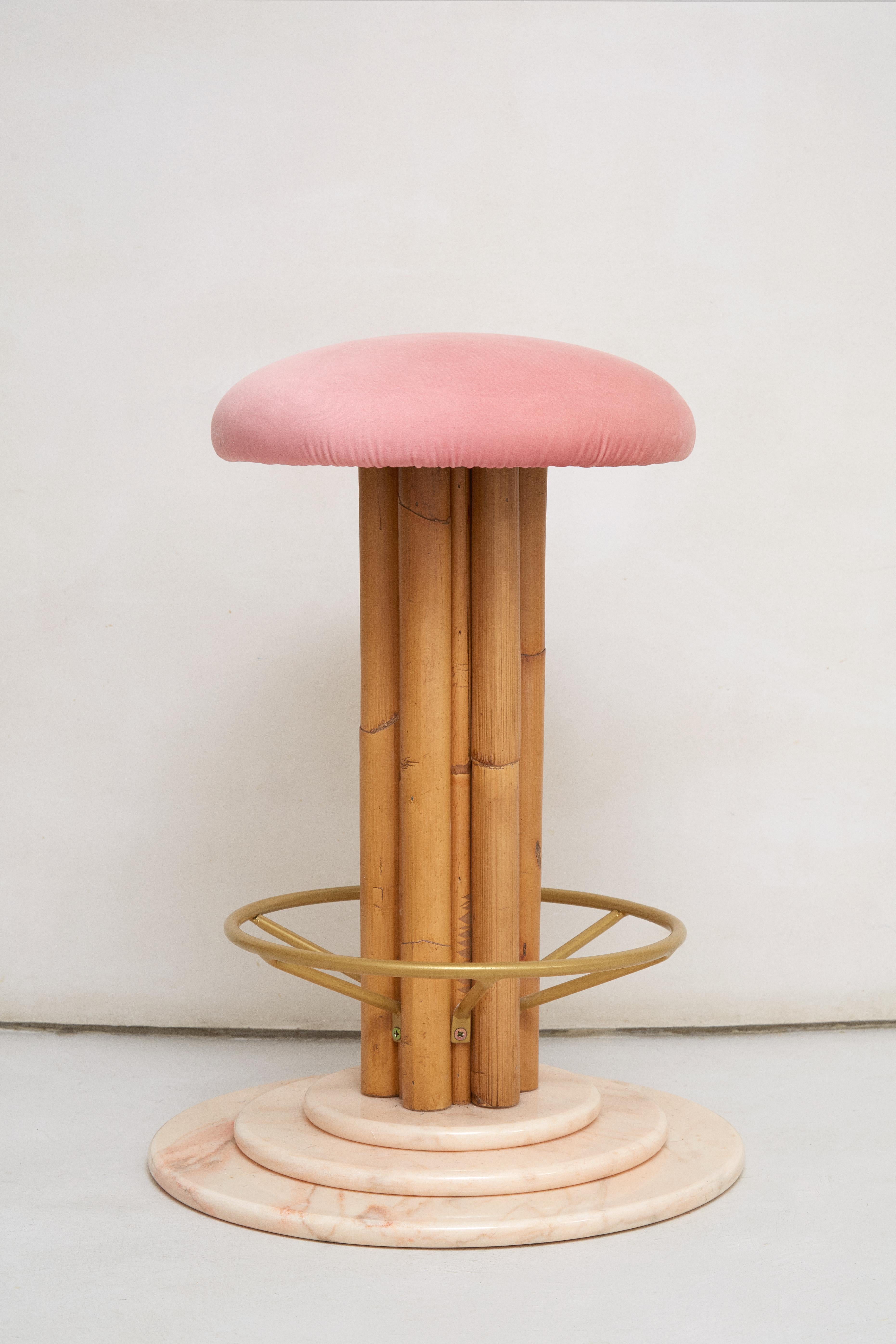 Peaches Stool by Patricia Bustos de la Torre
Dimensions: D 38 x W 38 x H 84 cm.
Materials: Rattan, pink Portuguese marble, velvet and iron. 

Taburete Peachy is sexy and sensual but round and surprising. A bomb of color and textures that will impact