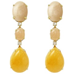Peachmoonstone and Opal with White Diamond on Yellow Gold Chandelier Earrings