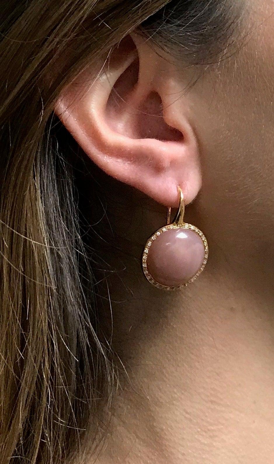 Peach Moonstones and Whites Diamonds Round Drop Earrings 6