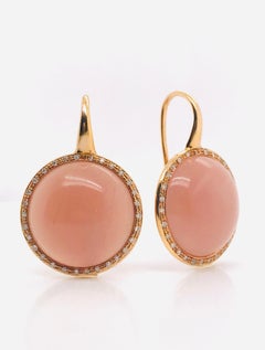 Peach Moonstones and Whites Diamonds Round Drop Earrings