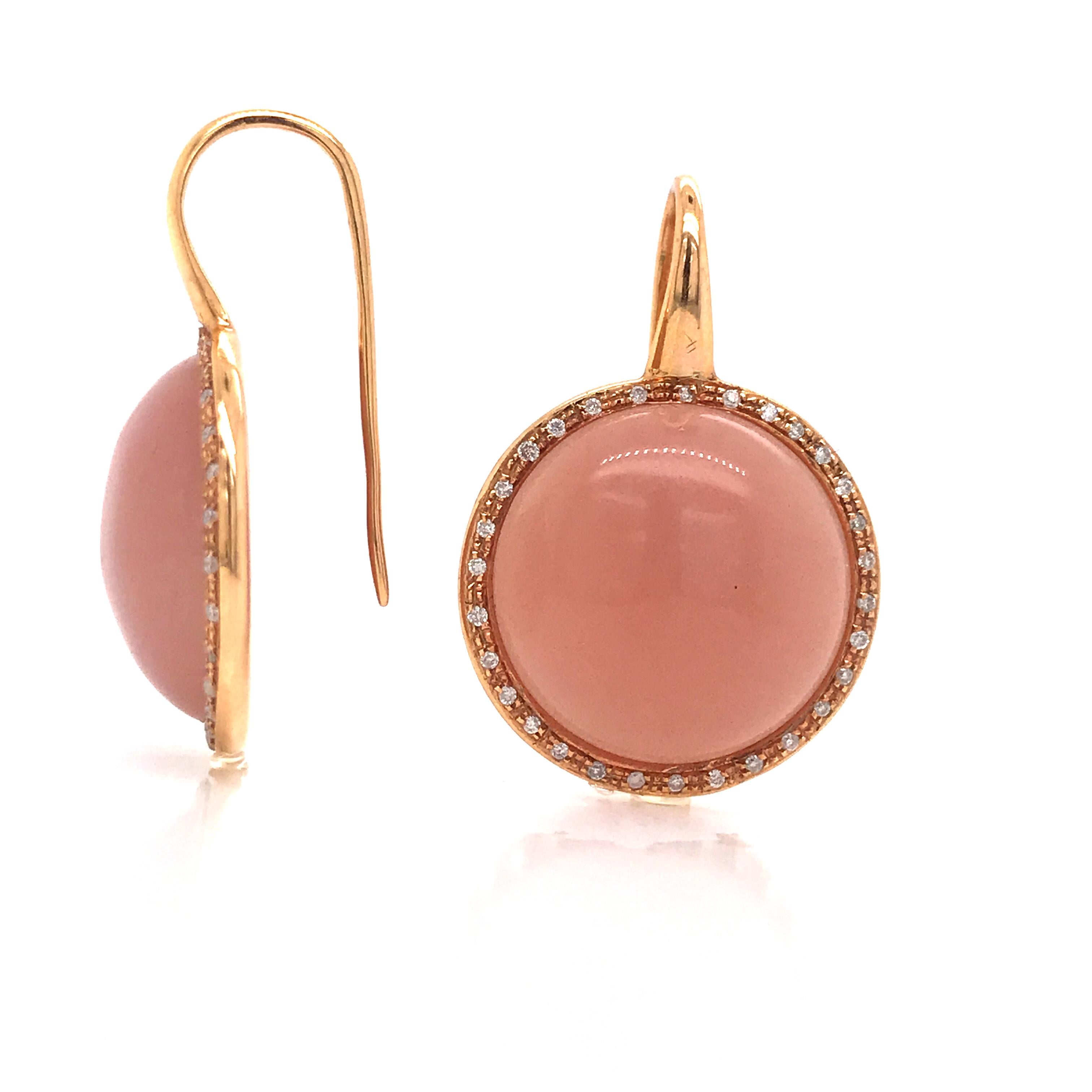 Peach Moonstones and Whites Diamonds Round Drop Earrings In New Condition In Vannes, FR