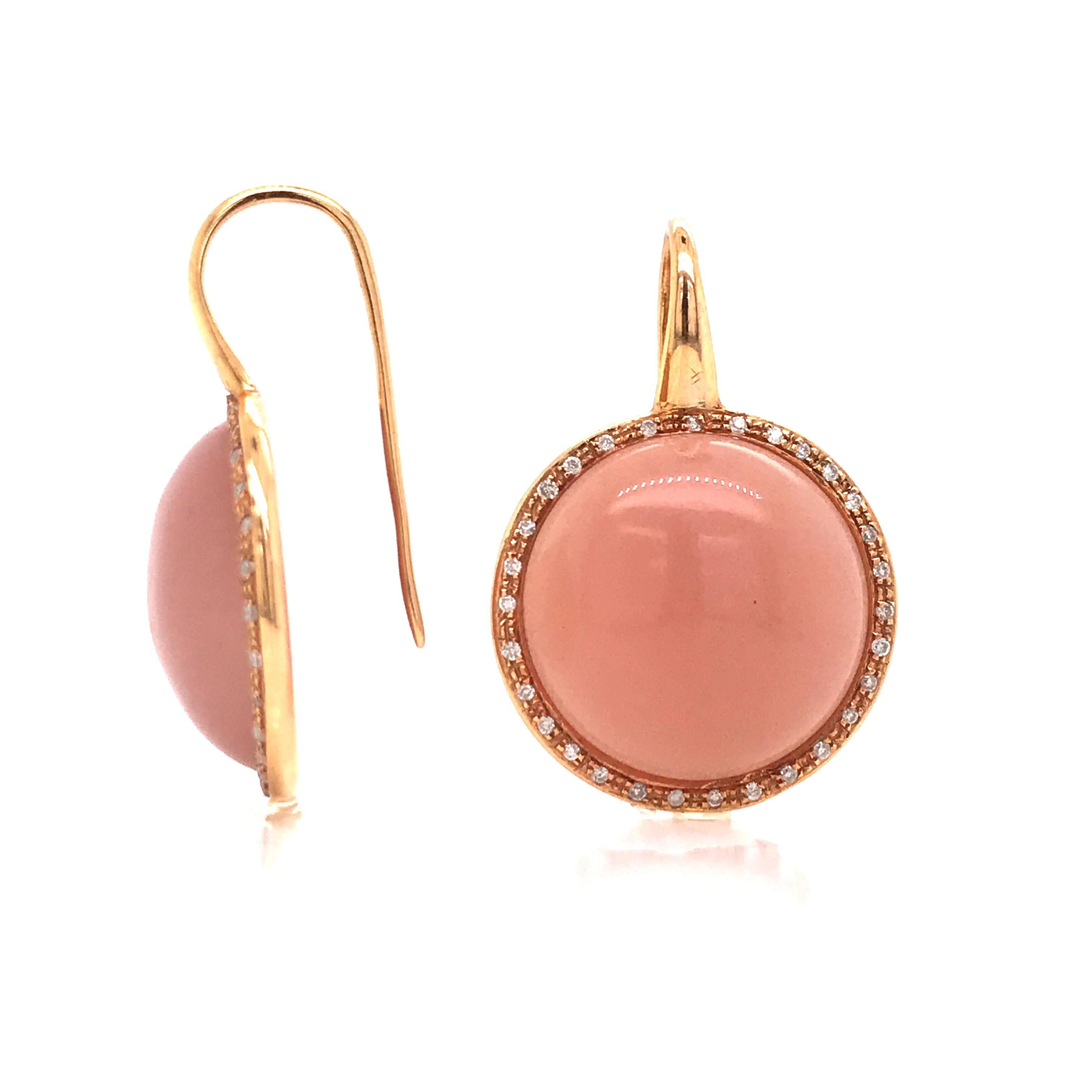 Women's Peach Moonstones and Whites Diamonds Round Drop Earrings