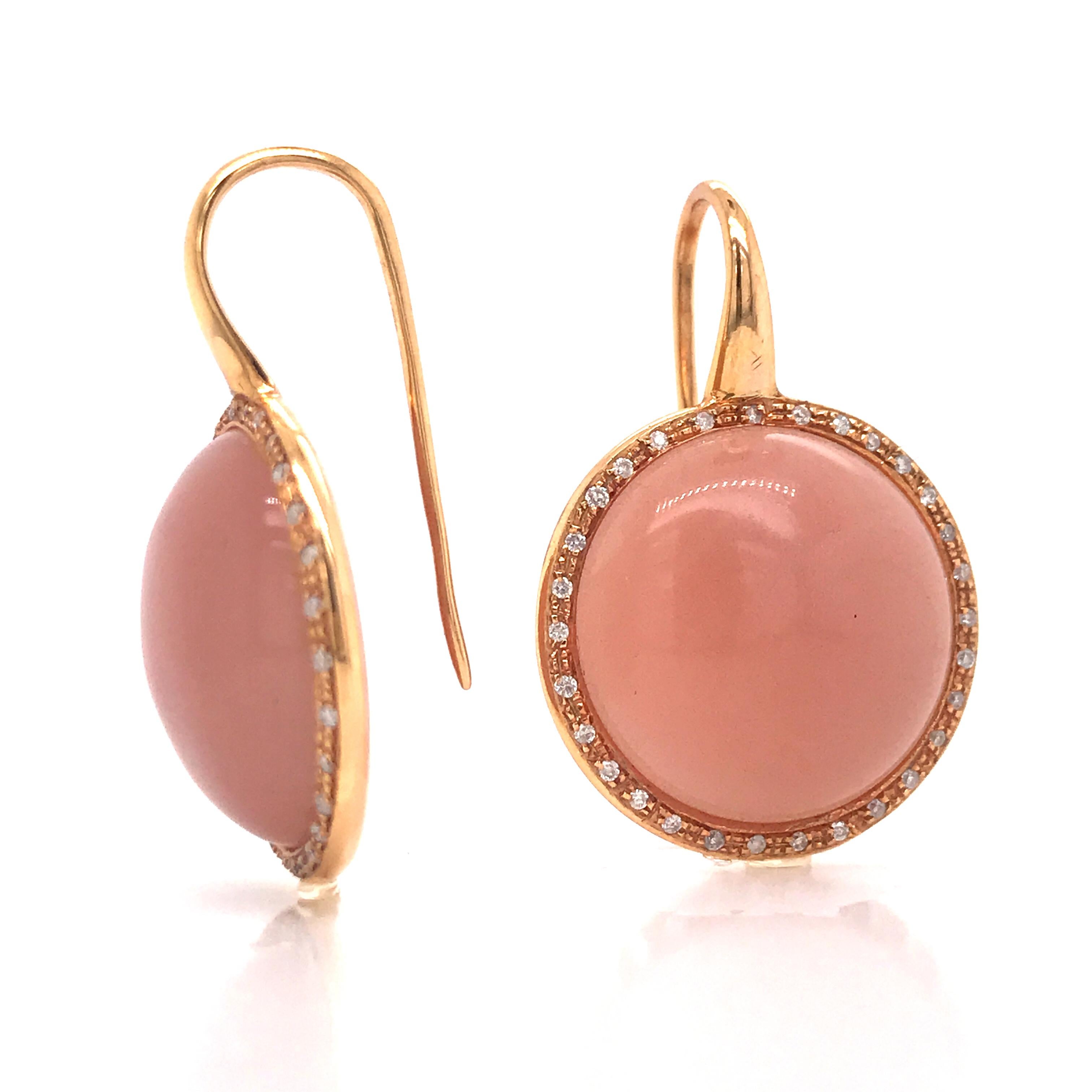 Peach Moonstones and Whites Diamonds Round Drop Earrings 2