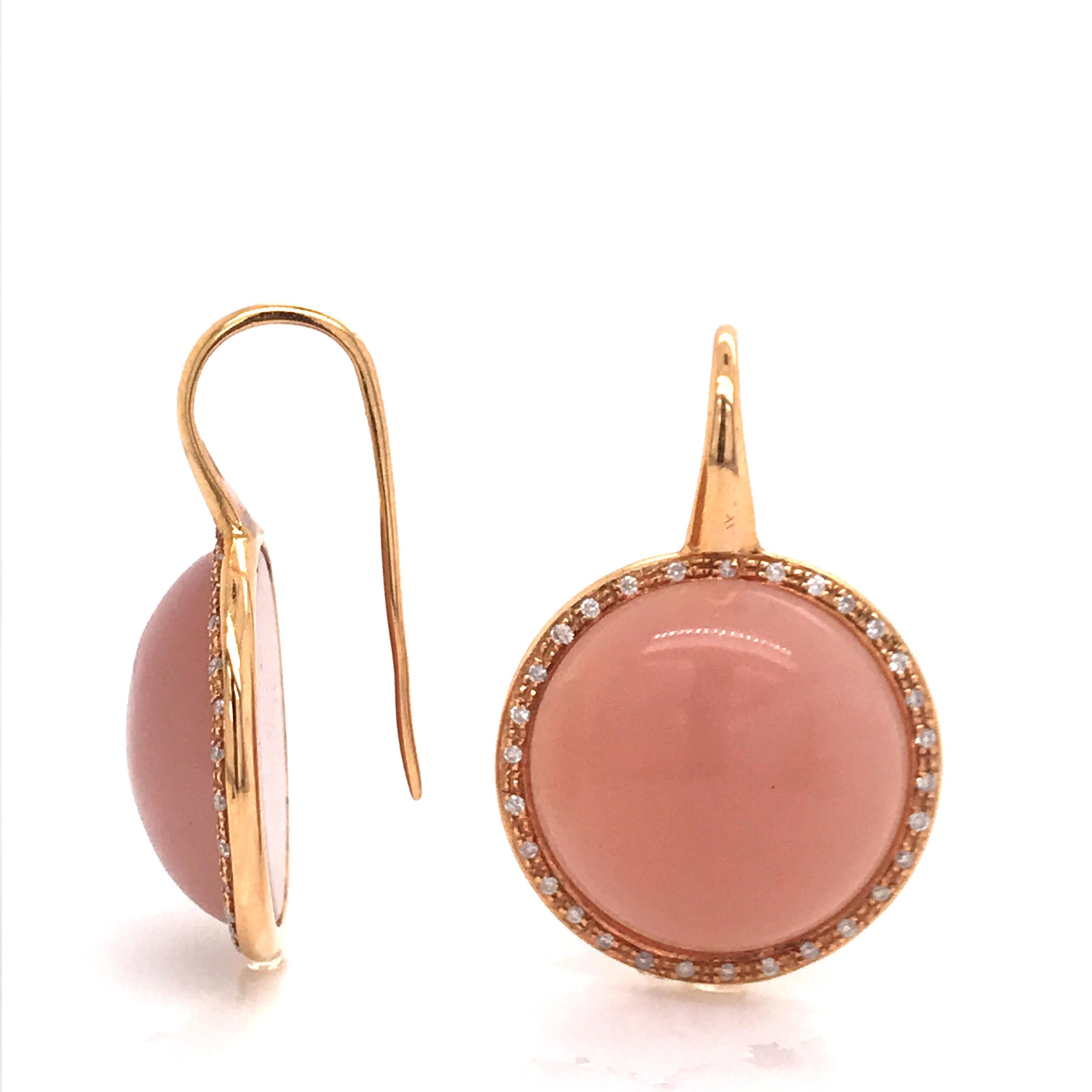 Peach Moonstones and Whites Diamonds Round Drop Earrings 3