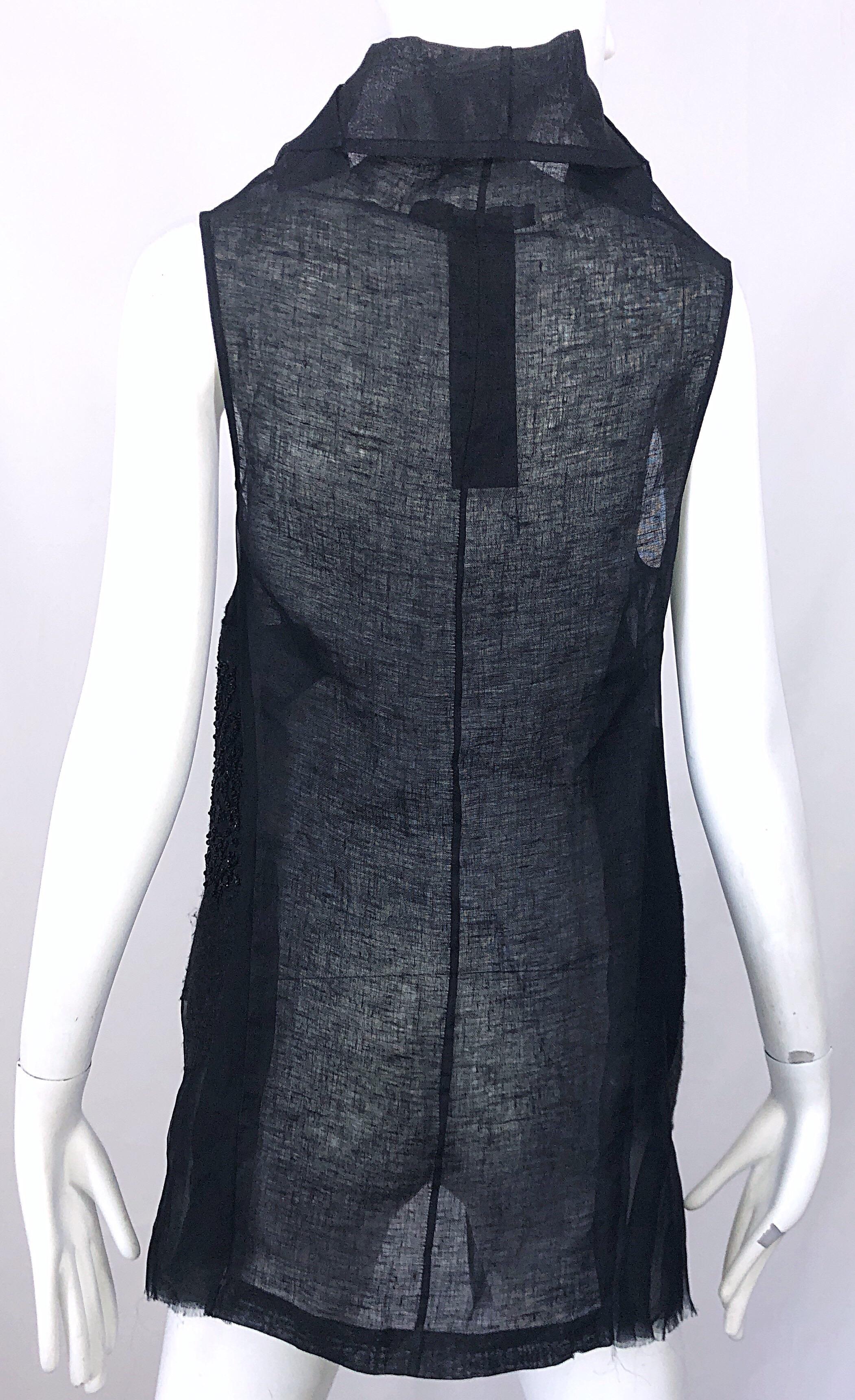 Peachoo + Krejberg Black Silk / Linen Beaded Handcrafted Semi Sheer Top Vest For Sale 3