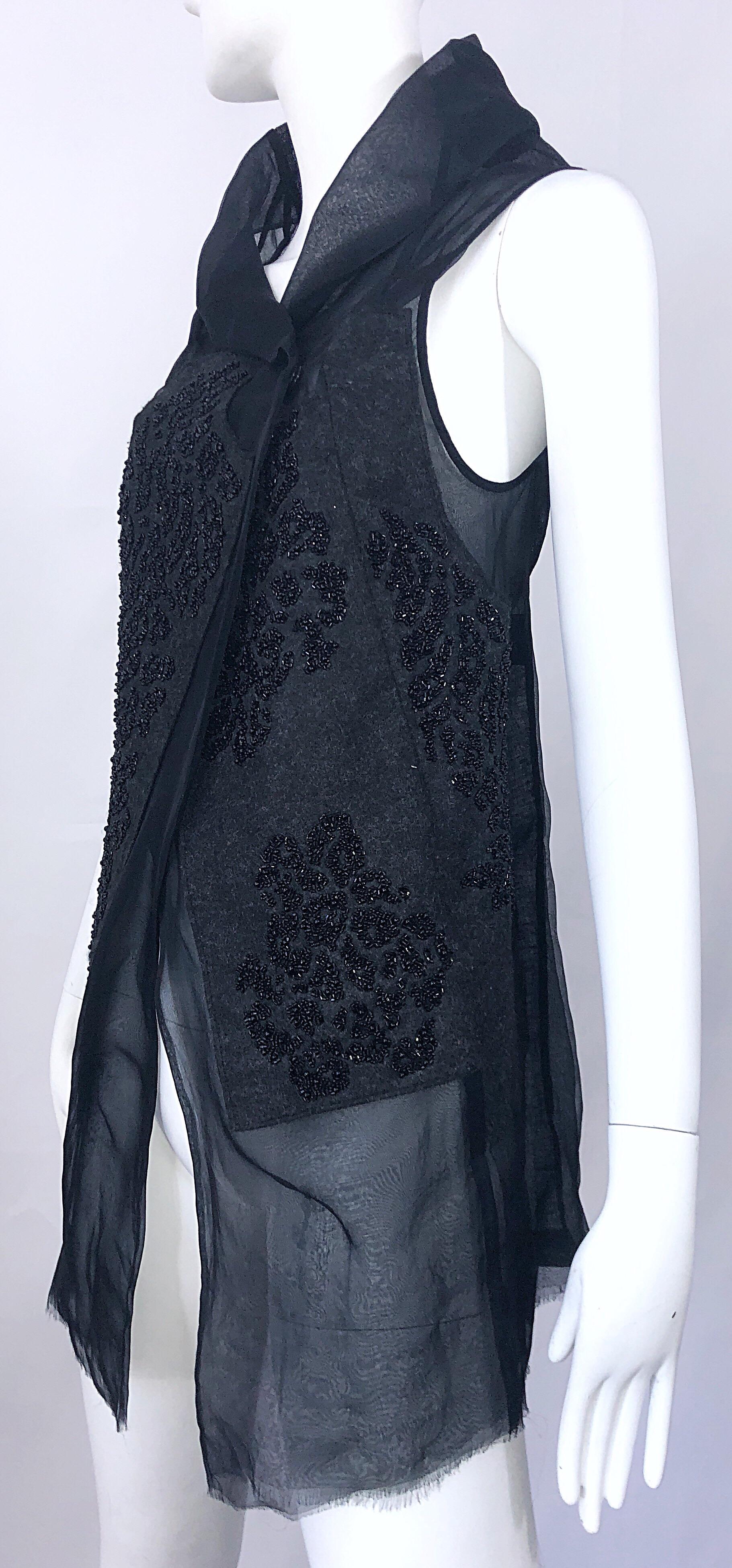 Peachoo + Krejberg Black Silk / Linen Beaded Handcrafted Semi Sheer Top Vest For Sale 4
