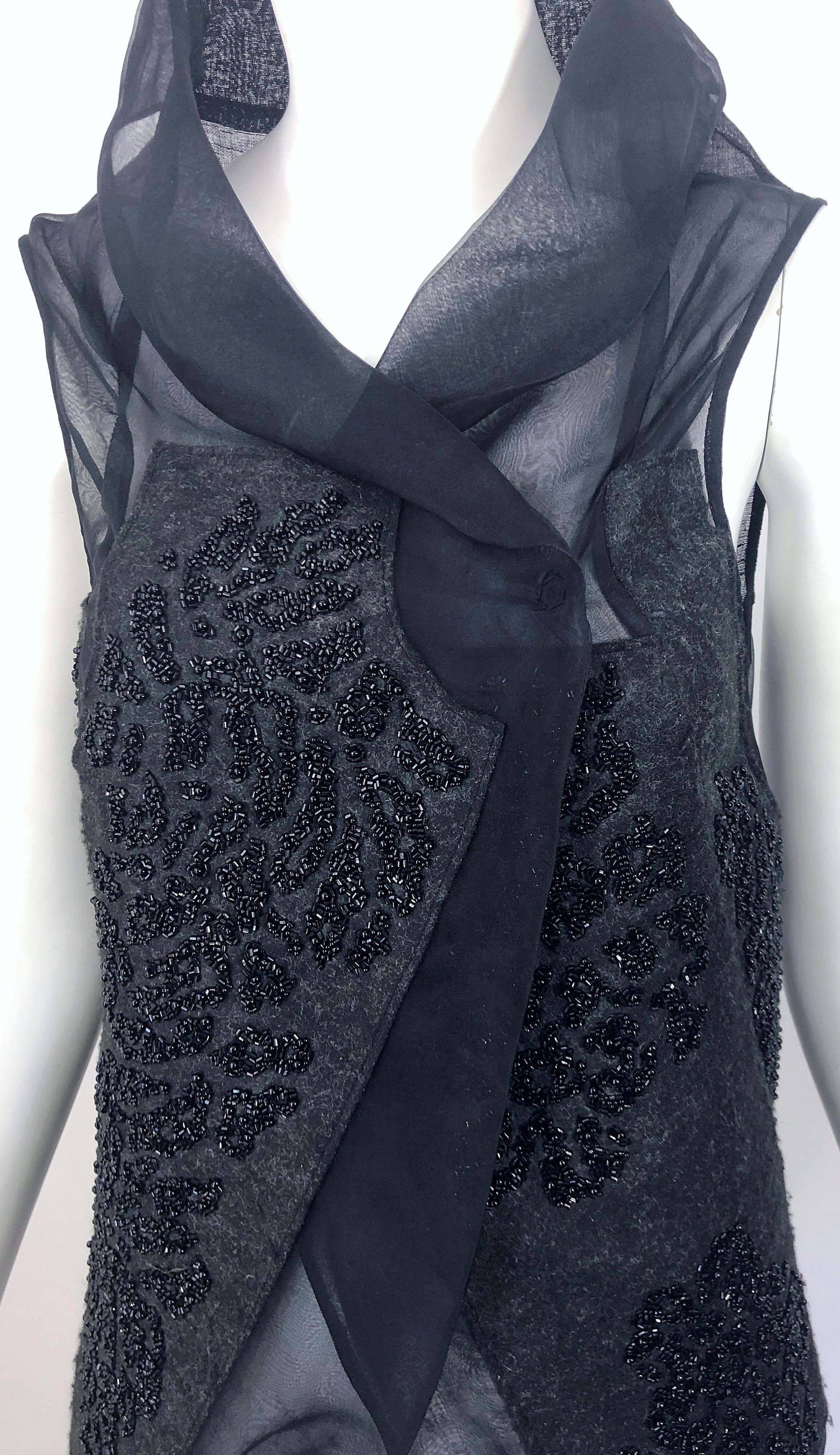 Peachoo + Krejberg Black Silk / Linen Beaded Handcrafted Semi Sheer Top Vest For Sale 5