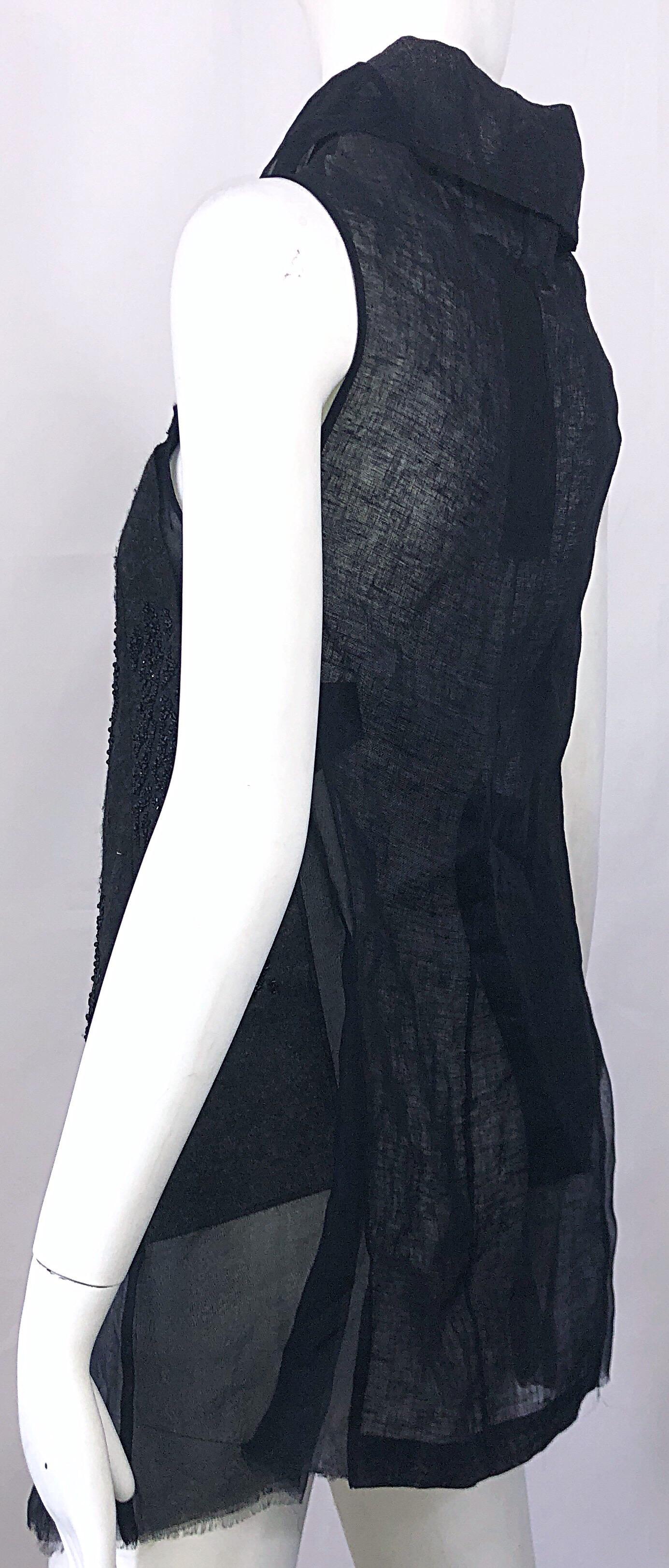 Peachoo + Krejberg Black Silk / Linen Beaded Handcrafted Semi Sheer Top Vest For Sale 6