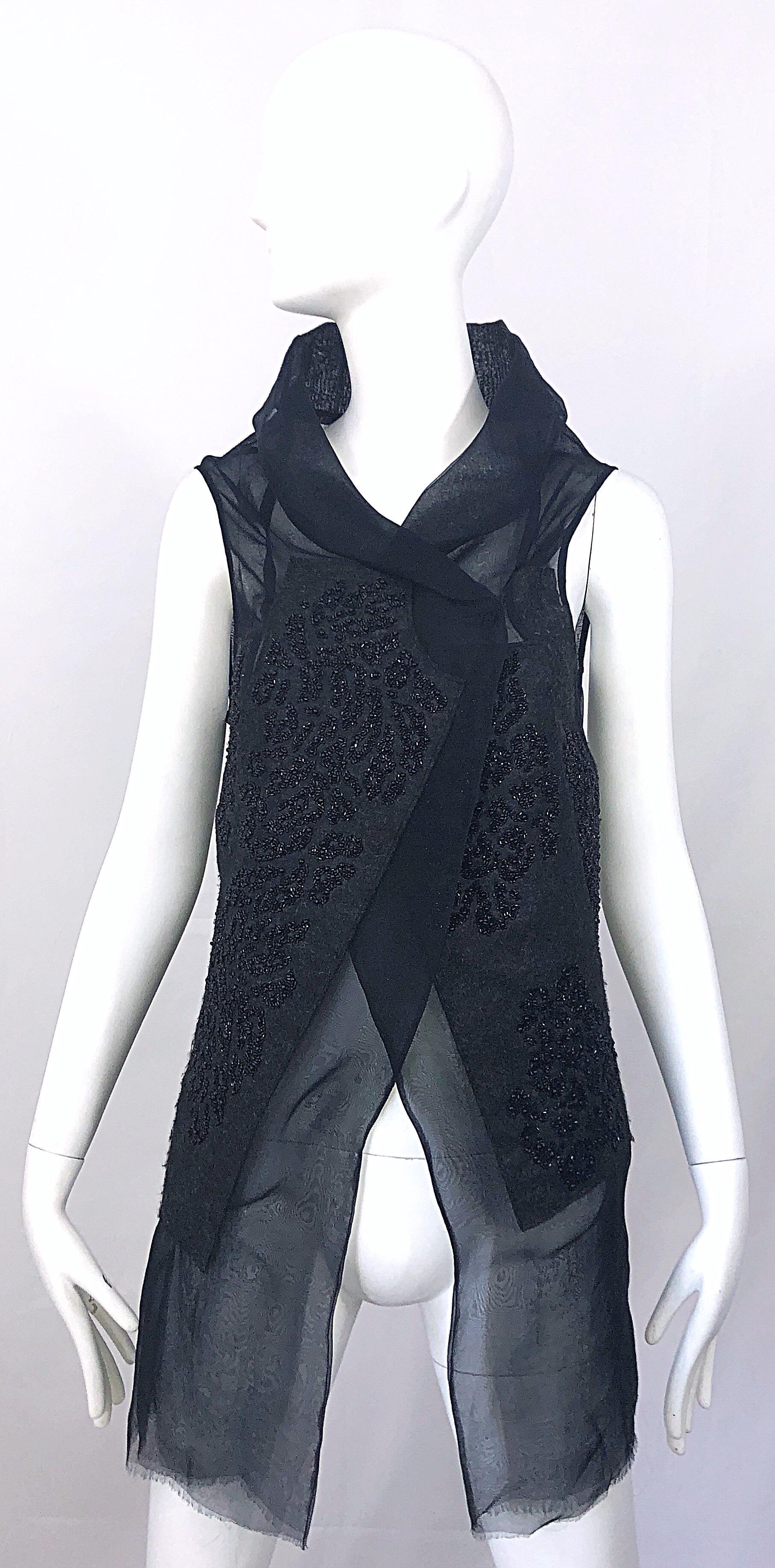 Peachoo + Krejberg Black Silk / Linen Beaded Handcrafted Semi Sheer Top Vest For Sale 7