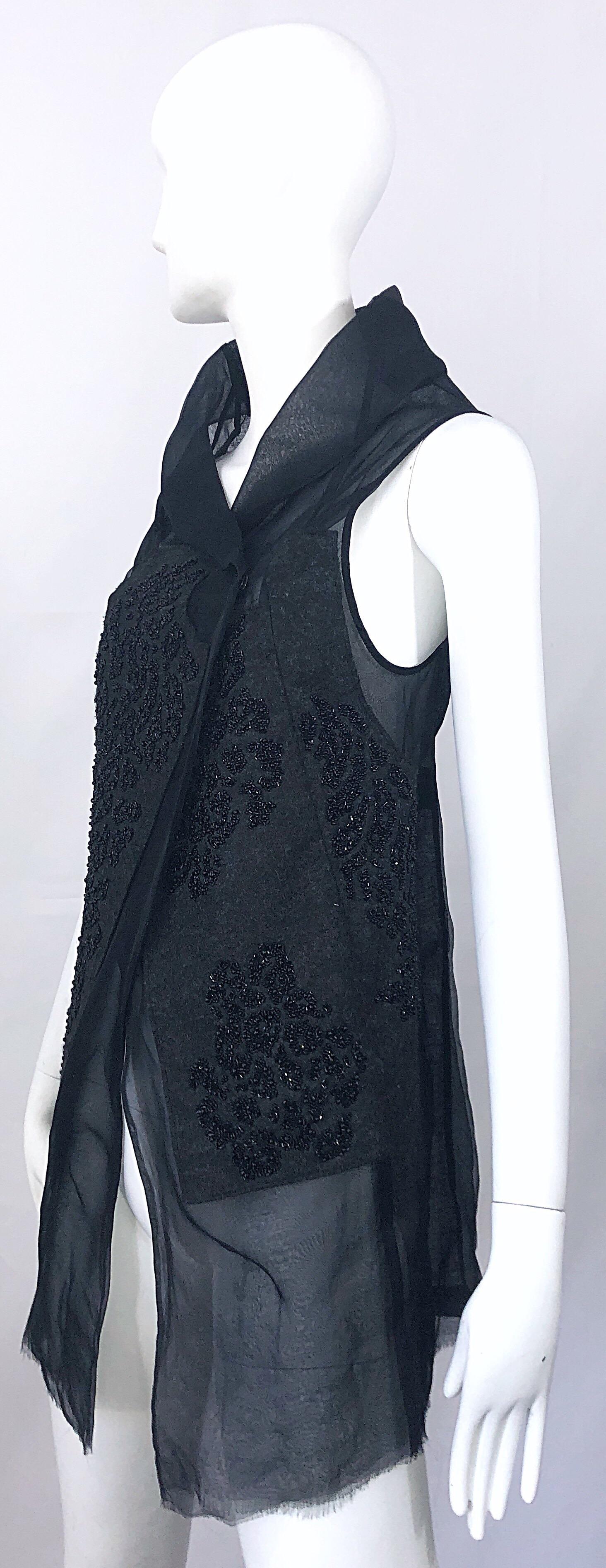 Peachoo + Krejberg Black Silk / Linen Beaded Handcrafted Semi Sheer Top Vest In Excellent Condition For Sale In San Diego, CA