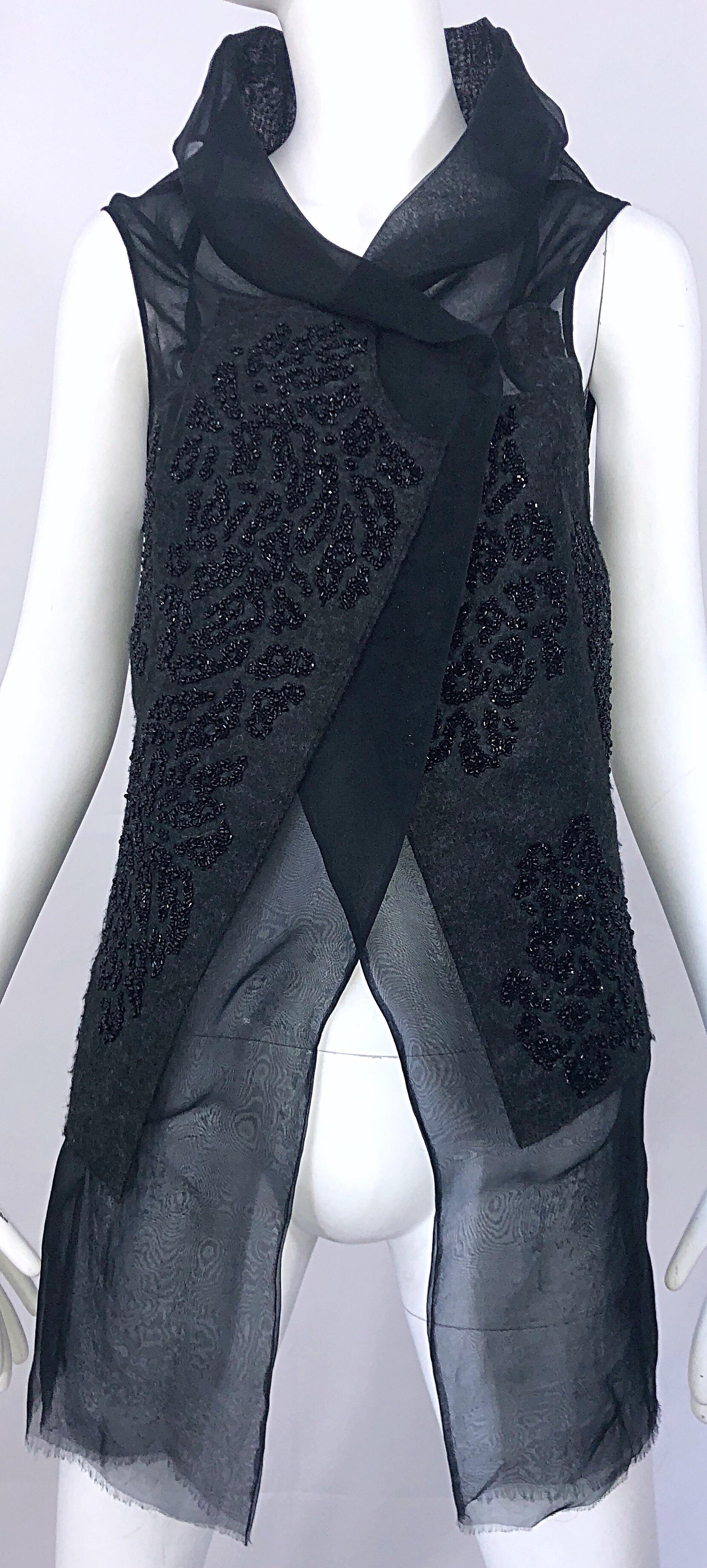 Women's Peachoo + Krejberg Black Silk / Linen Beaded Handcrafted Semi Sheer Top Vest For Sale