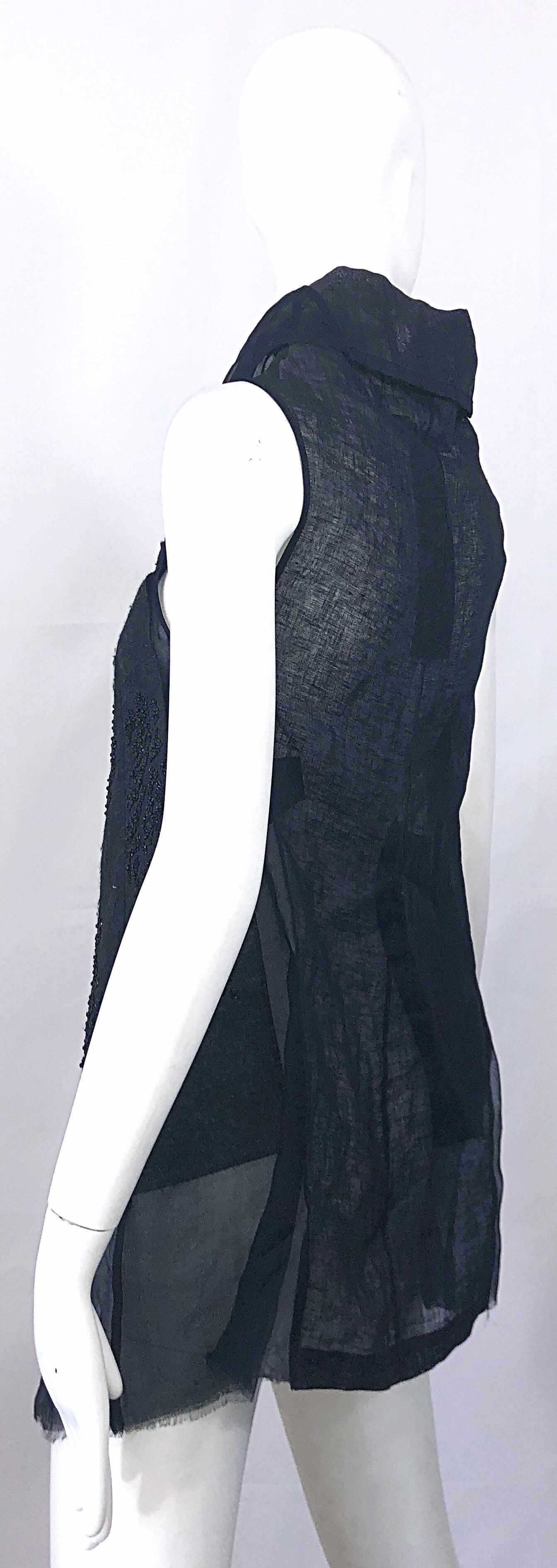 Peachoo + Krejberg Black Silk / Linen Beaded Handcrafted Semi Sheer Top Vest For Sale 1