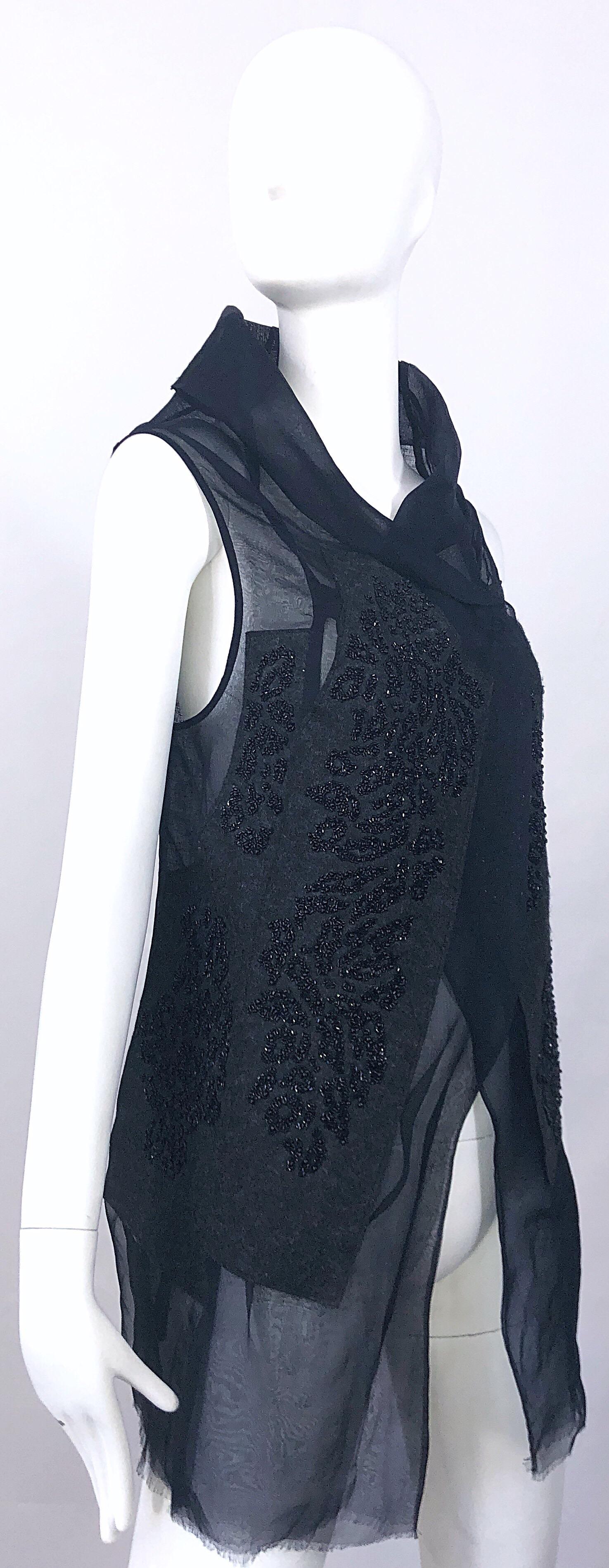 Peachoo + Krejberg Black Silk / Linen Beaded Handcrafted Semi Sheer Top Vest For Sale 2