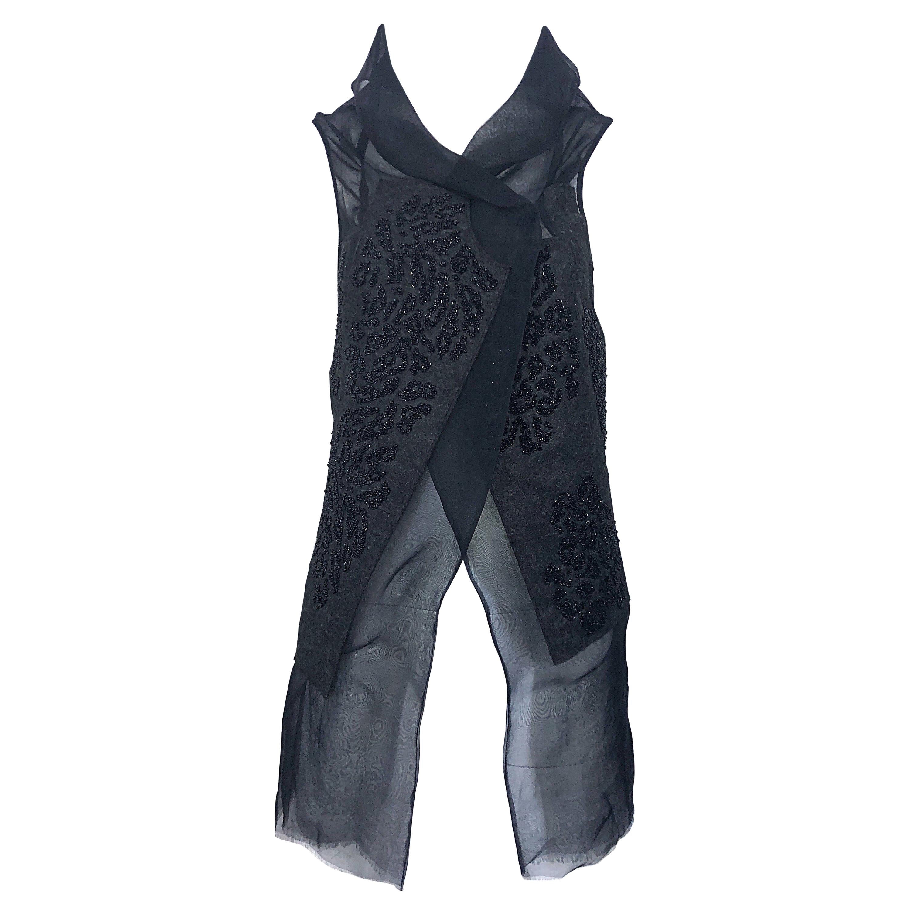 Peachoo + Krejberg Black Silk / Linen Beaded Handcrafted Semi Sheer Top Vest For Sale