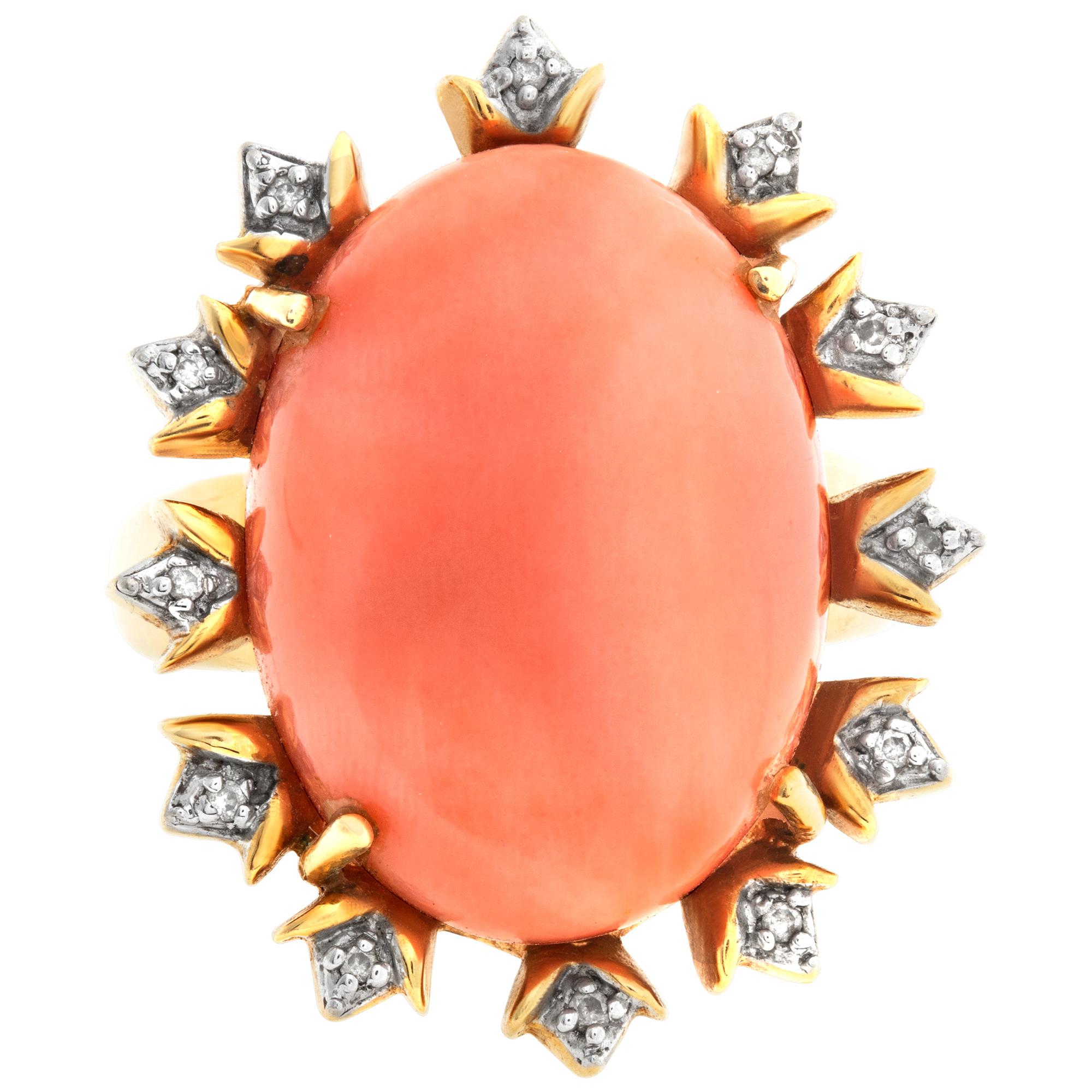 Peachy Keen coral ring in 18k yellow gold with diamond accent frame. Size 7, head measures 22mm x 27mm, shank 2mm thick.This coral ring is currently size 7 and some items can be sized up or down, please ask! It weighs 7.5 pennyweights and is 18k