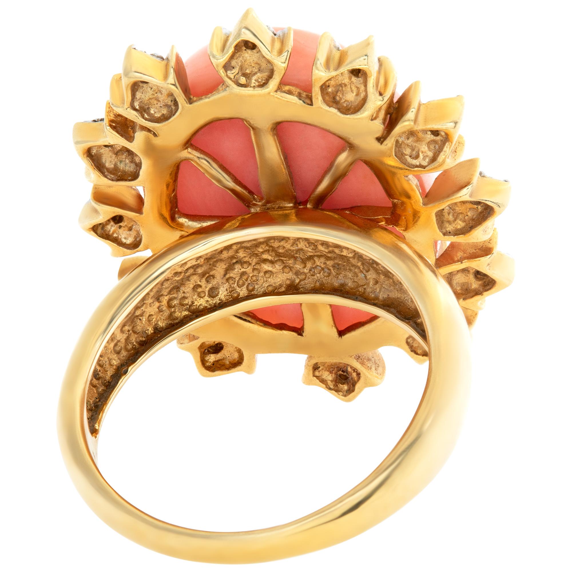 Peachy Keen Coral Ring in 18k Yellow Gold with Diamond Accent Frame For Sale 1