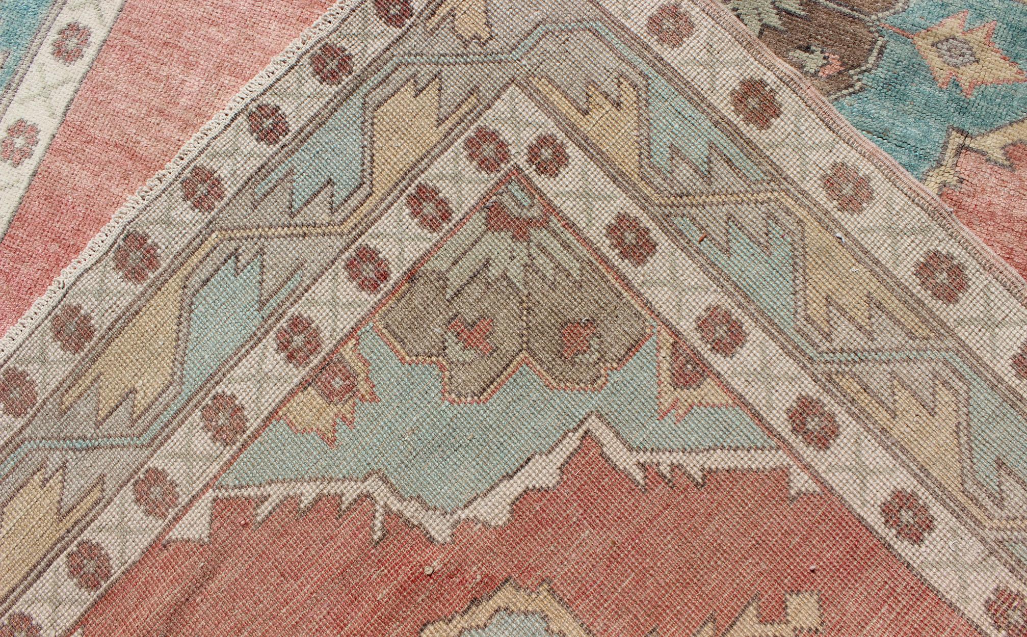 Peachy-Orange Vintage Turkish Oushak Rug with Layered Medallion Design 5