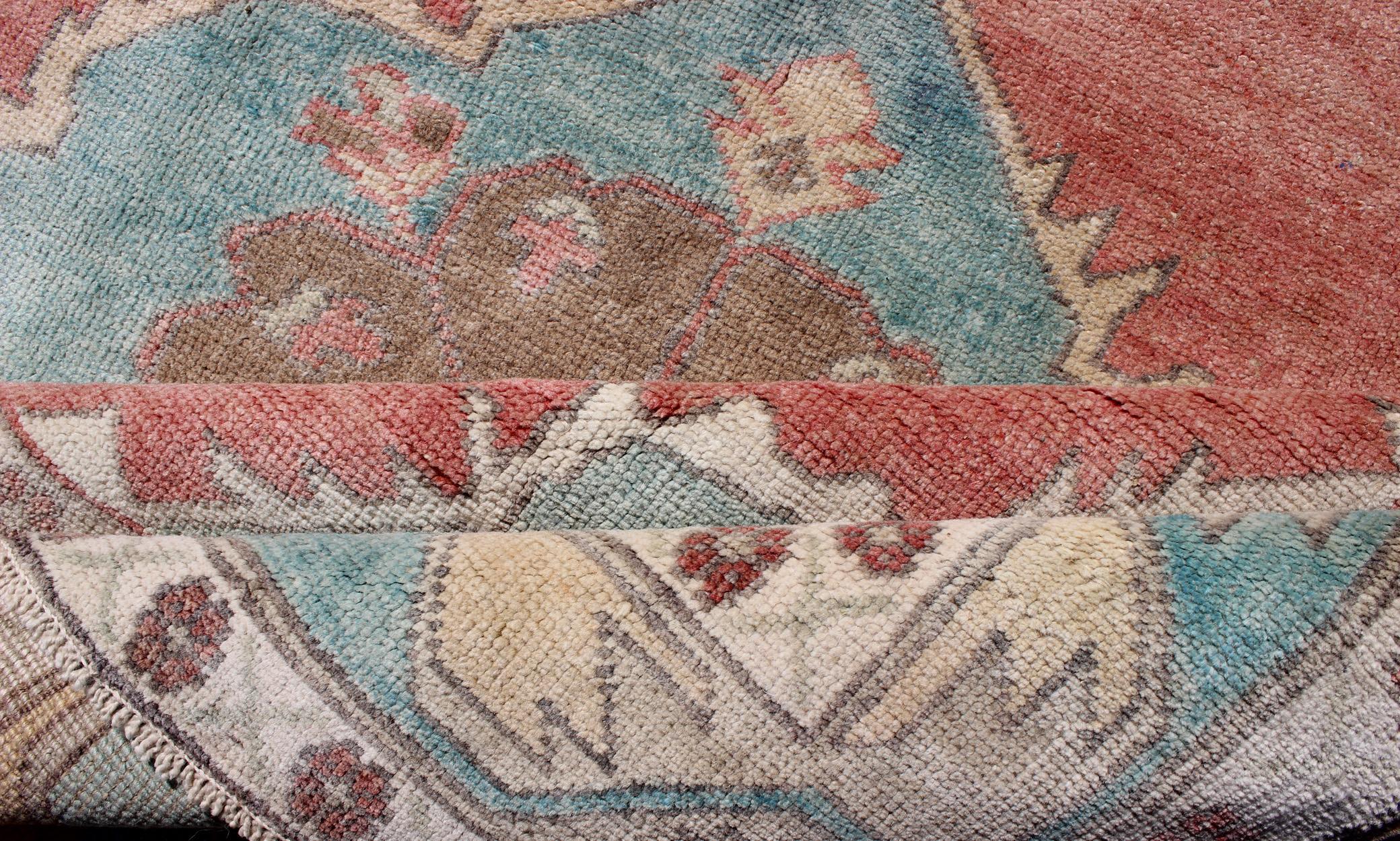 Mid-20th Century Peachy-Orange Vintage Turkish Oushak Rug with Layered Medallion Design