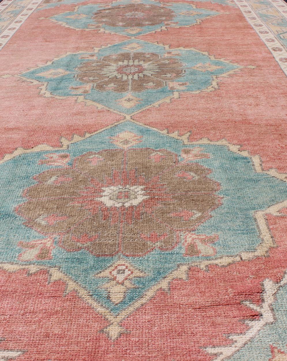 Wool Peachy-Orange Vintage Turkish Oushak Rug with Layered Medallion Design