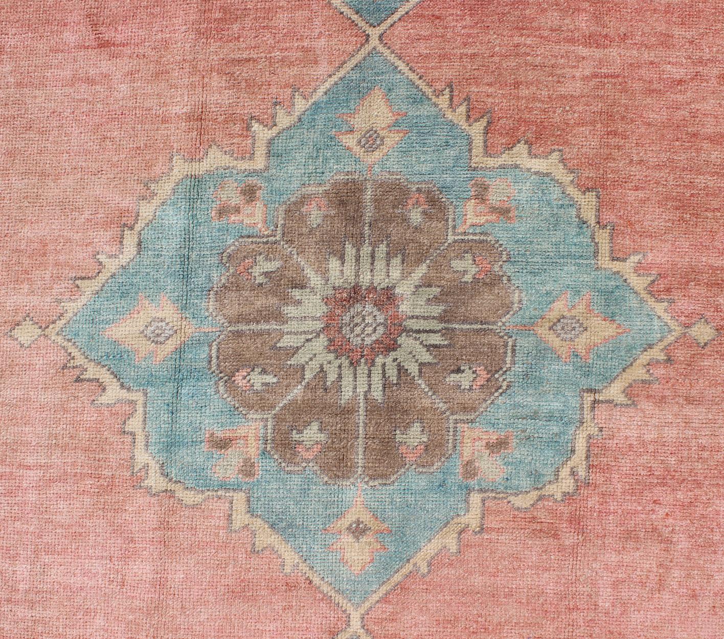 Peachy-Orange Vintage Turkish Oushak Rug with Layered Medallion Design 1