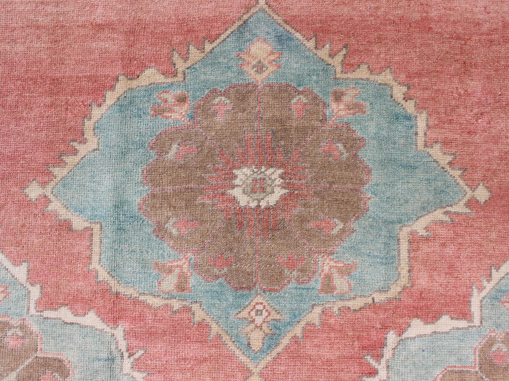 Peachy-Orange Vintage Turkish Oushak Rug with Layered Medallion Design 2