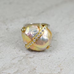 Peachy Pink Baroque Pearl with Diamond and 22 Karat Gold Ribbon Cocktail Ring