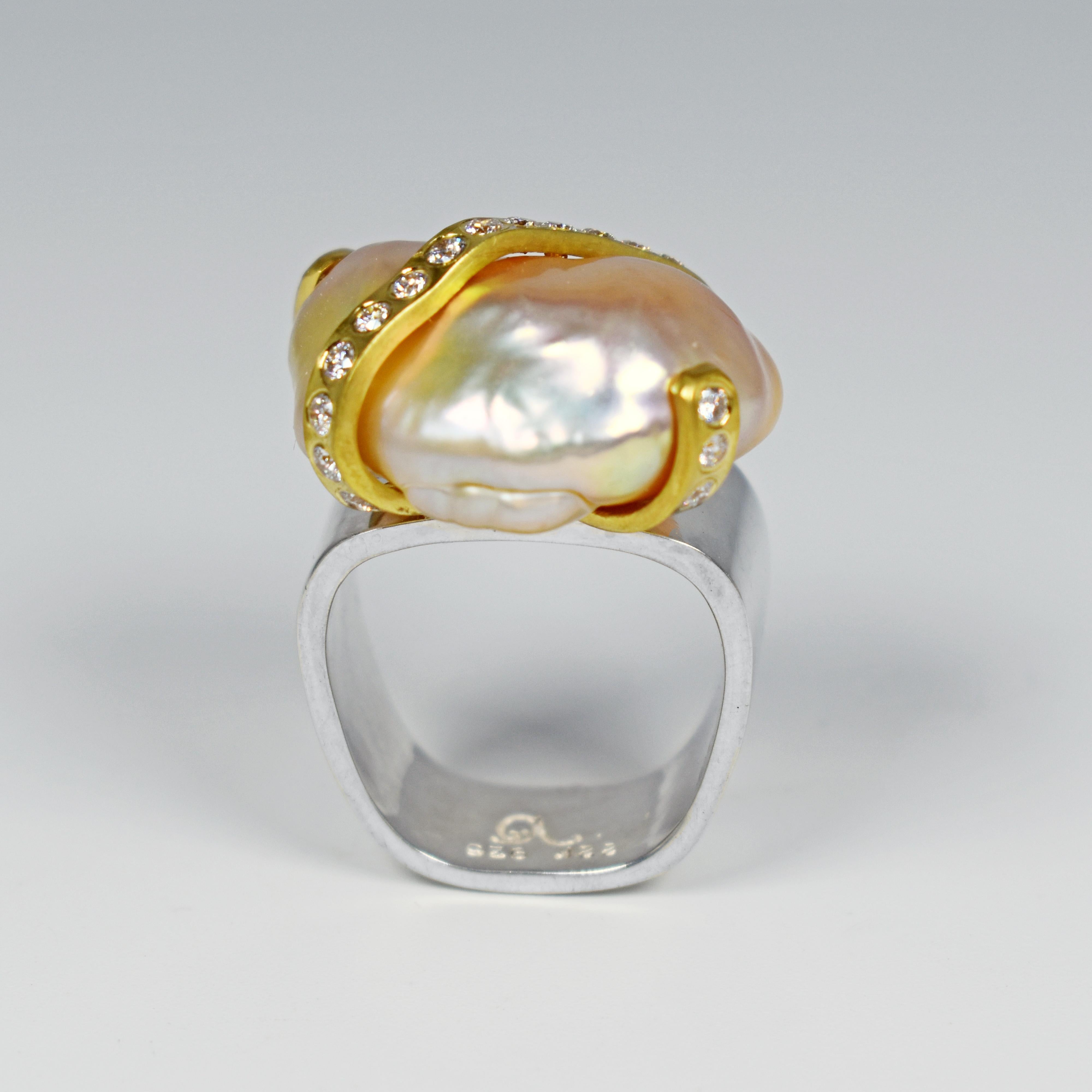 Round Cut Peachy Pink Baroque Pearl with Diamond and 22 Karat Gold Ribbon Cocktail Ring For Sale