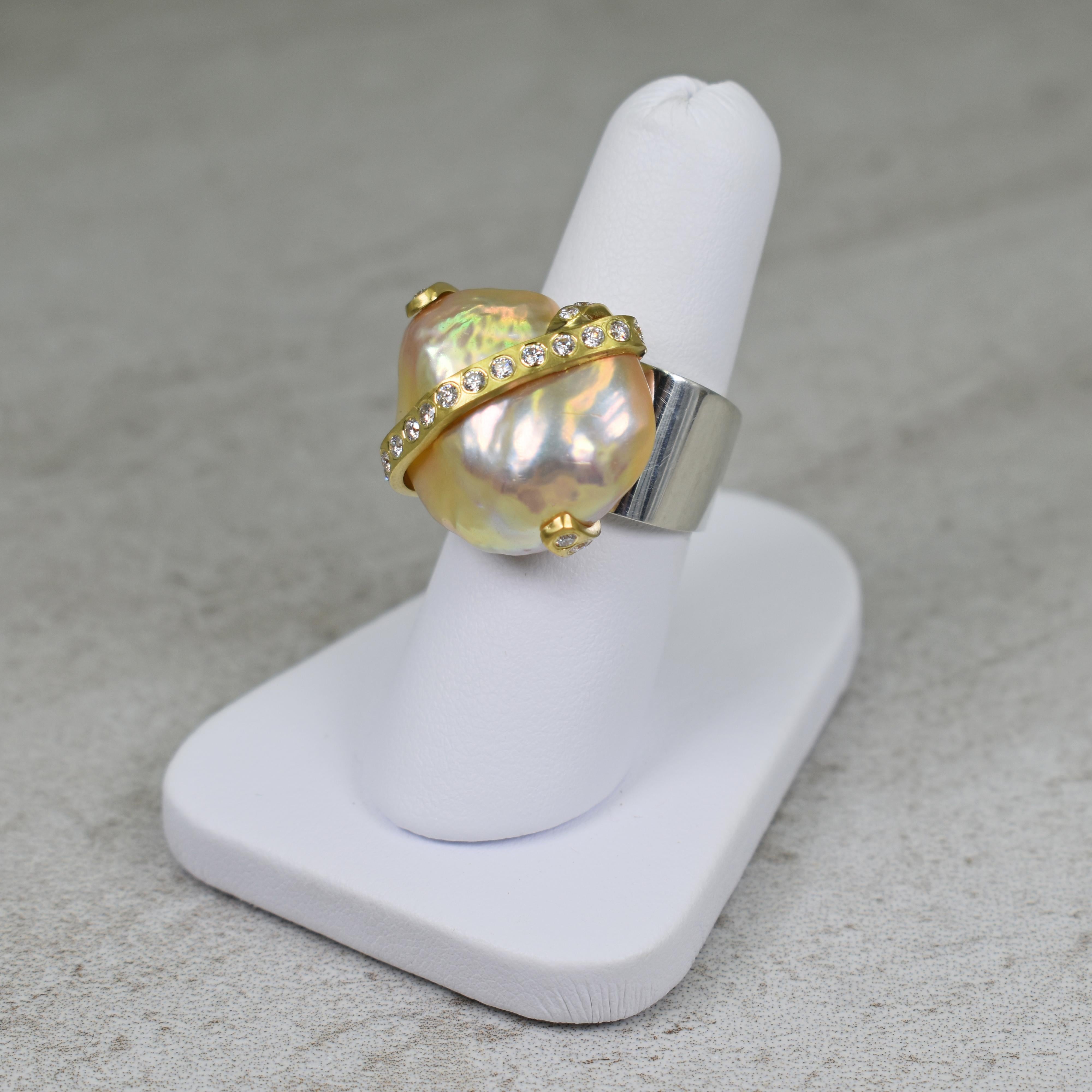 Peachy Pink Baroque Pearl with Diamond and 22 Karat Gold Ribbon Cocktail Ring For Sale 2
