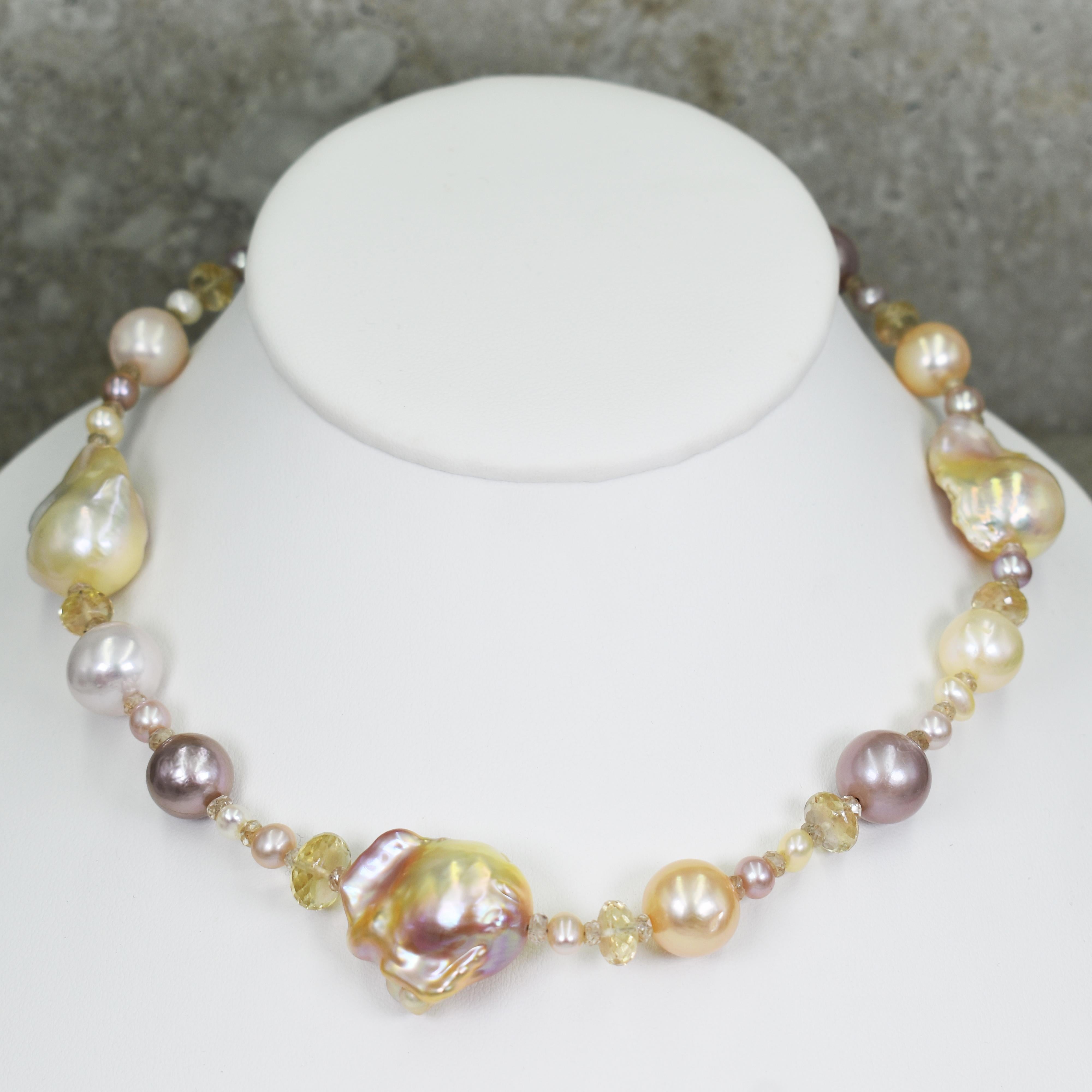 Contemporary Peachy Pink Baroque Pearls and Sunstone Beaded Necklace For Sale